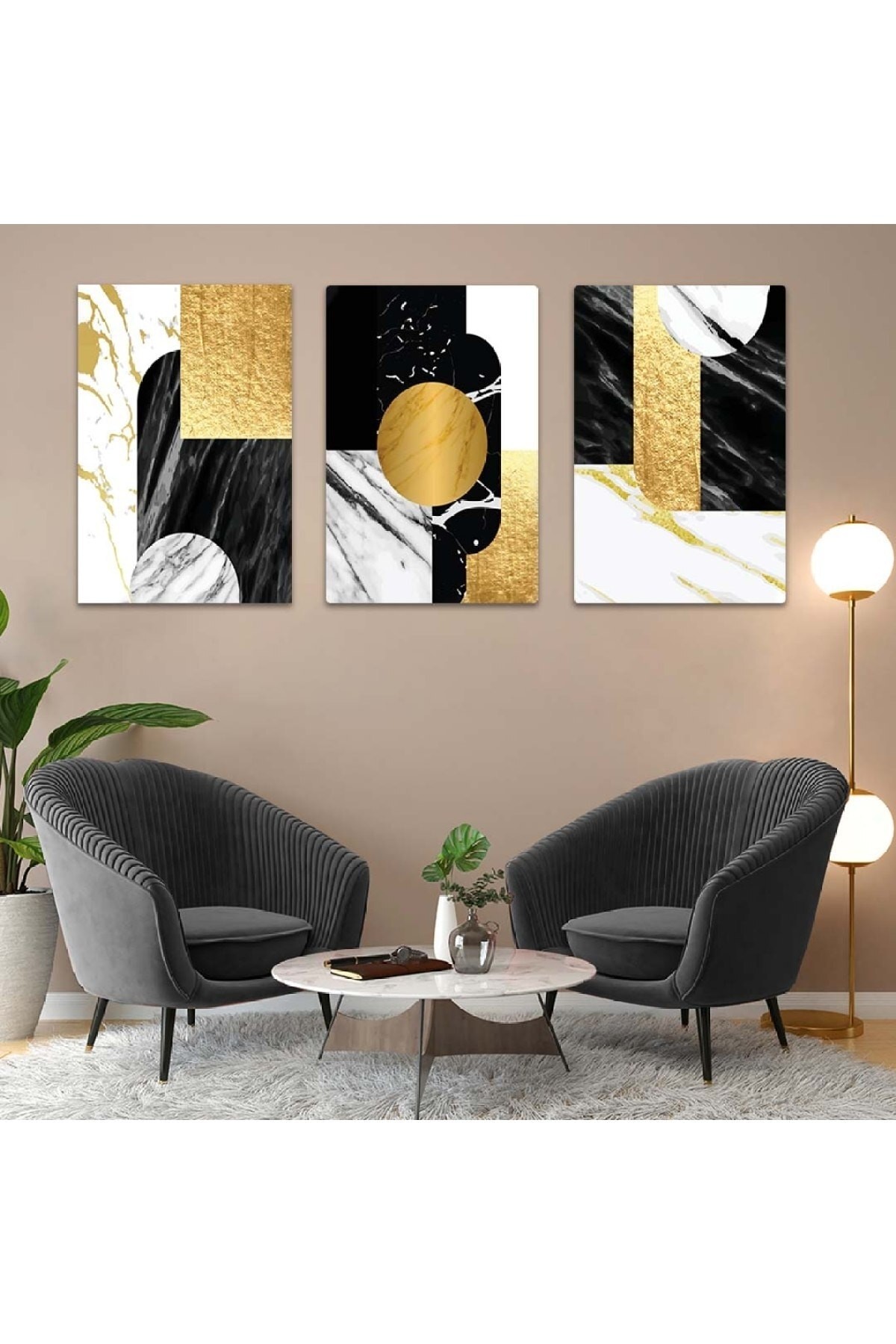 Minimalist Soyut Desen Şekiller 3'Lü Solmaz MDF Tablo Set
