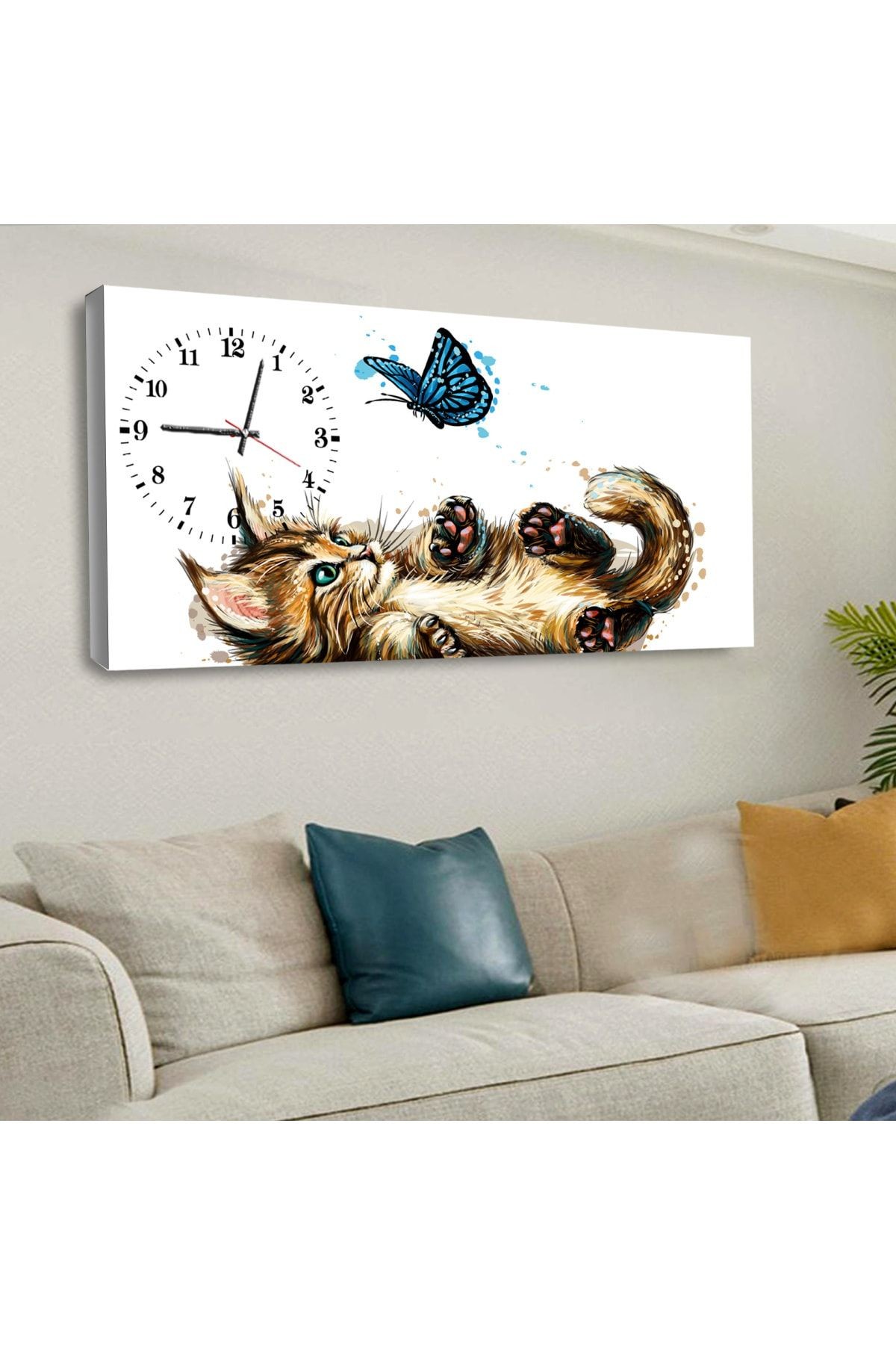 120 X 60 Saatli Kanvas Sevimli Kedi Tablo