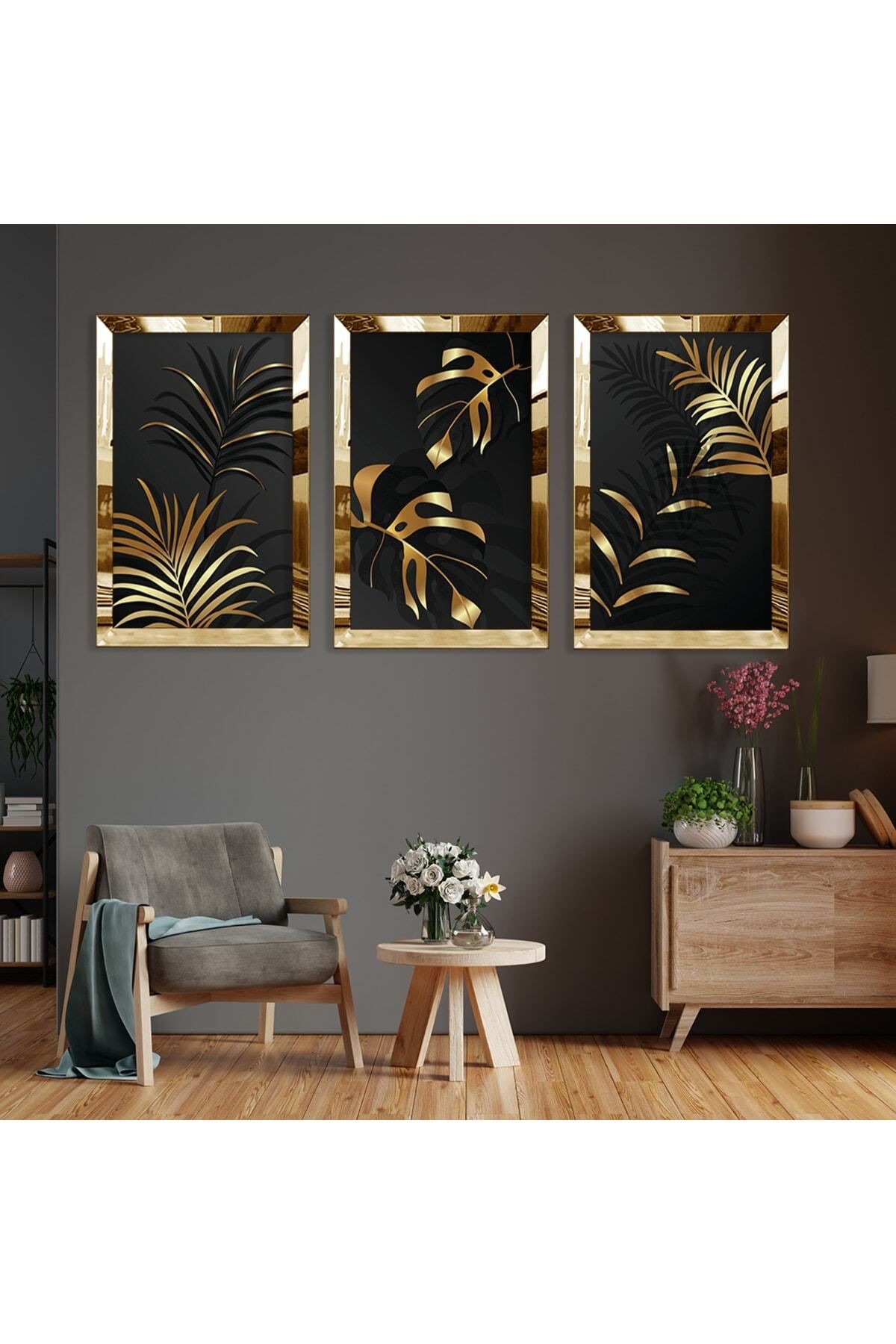 Altın Bitki Soyut Desen Gold Pleksi Kenar Üçlü Mdf Tablo Seti