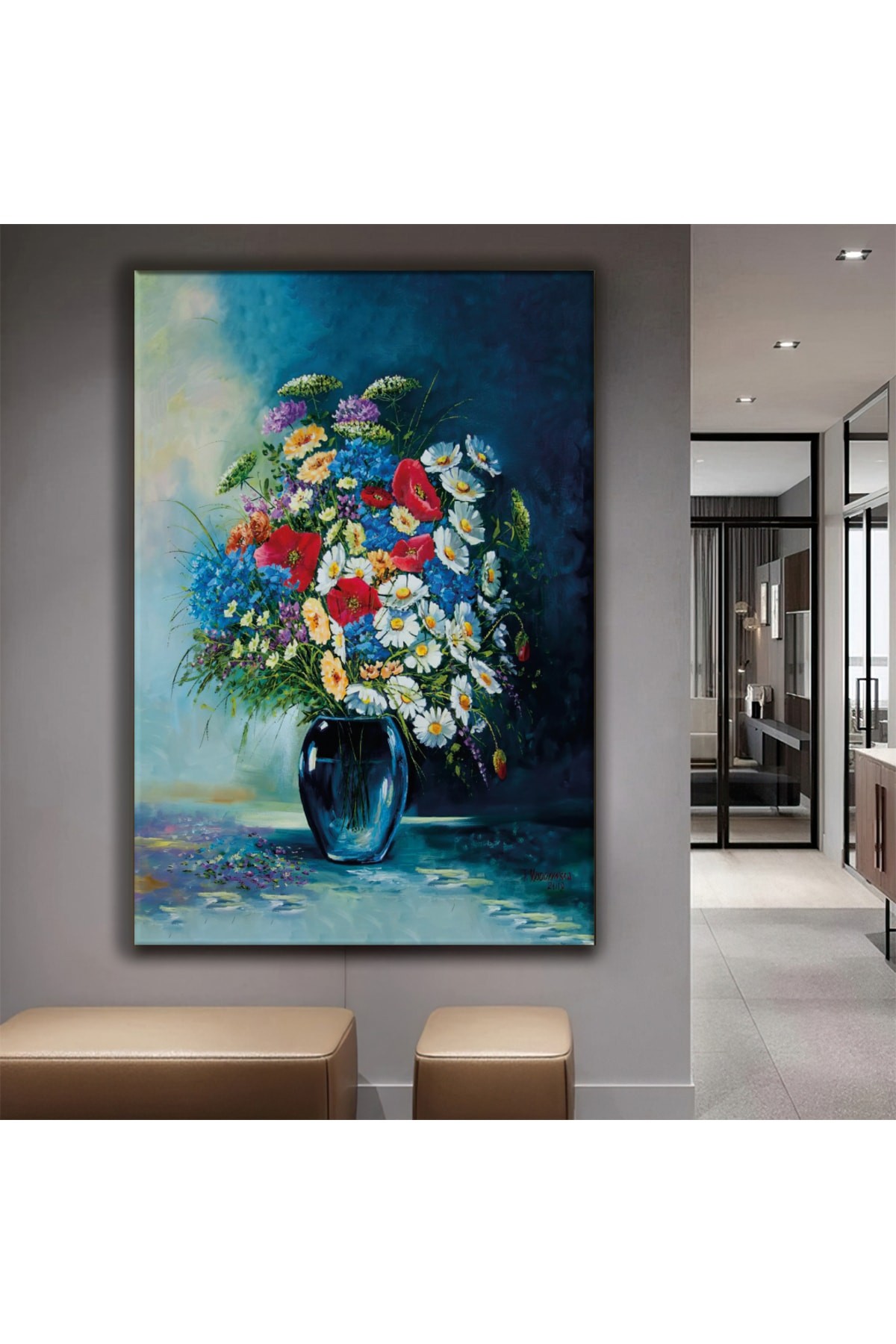 Minimalist Tablo Çiçekli Vazo Ahşap Şase Dijital Baskı Kanvas Tablo