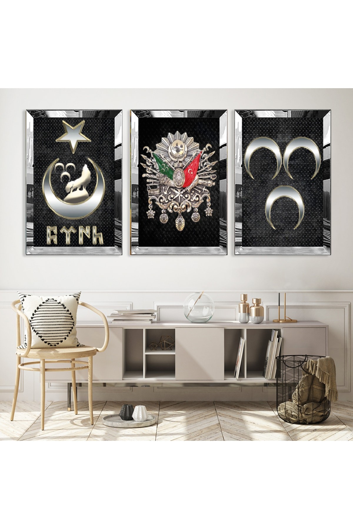 Osmanlı Tuğrası Ve Türklük Gold Pleksi Kenar 3'Lü Solmaz MDF Tablo Seti