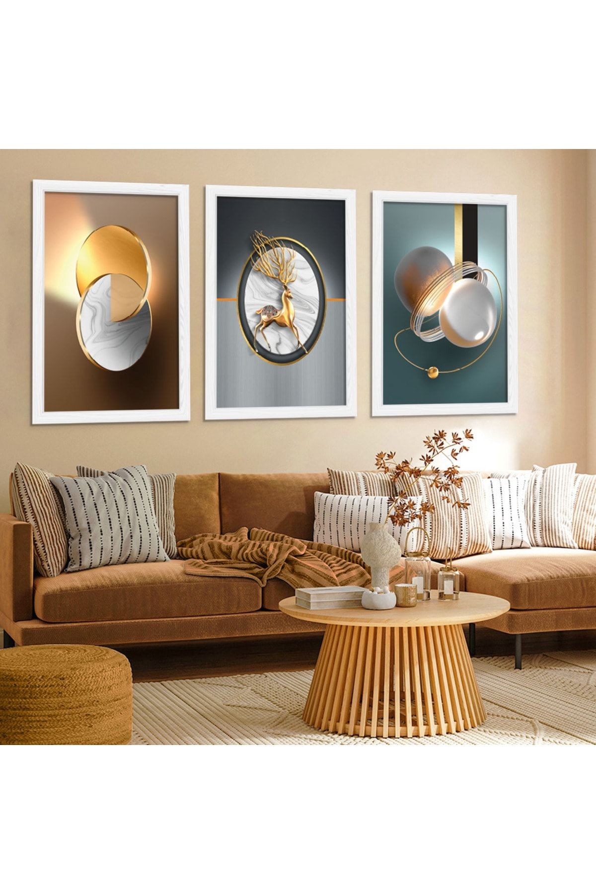 Beyaz Ahşap Çerçeveli Kolaj Çizim Modern Tablo