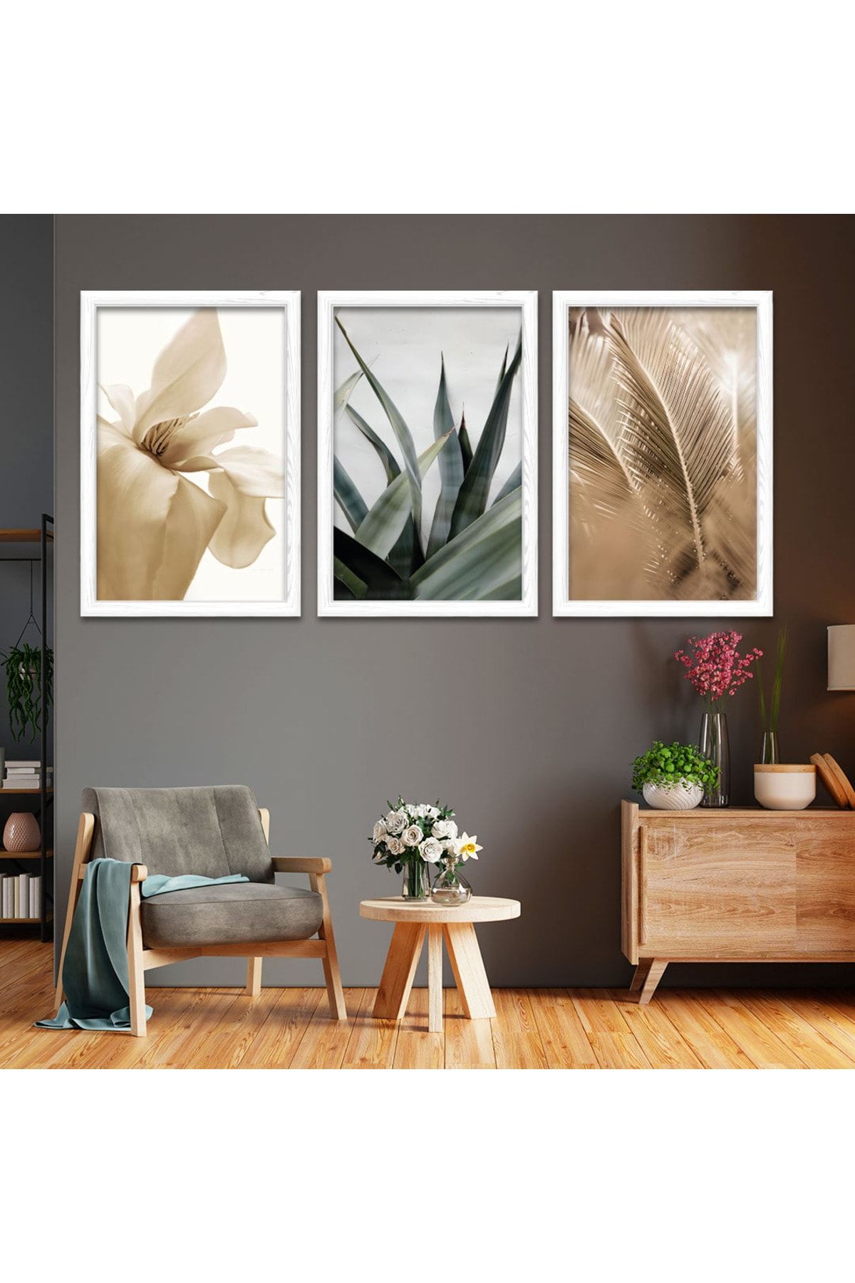 Beyaz Ahşap Çerçeveli Beyaz Çiçek Tablo