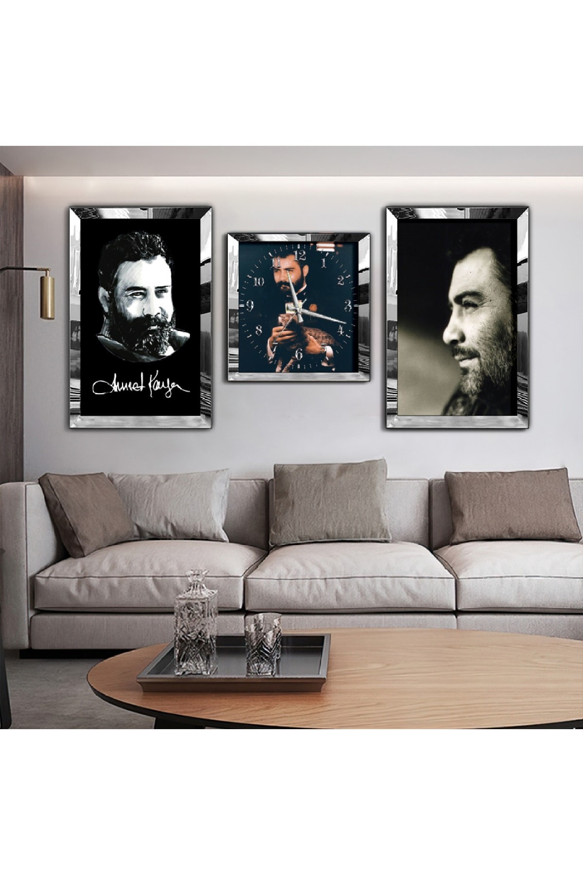Minimalist Ahmet Kaya Aynalı Gold Pleksi Çerçeveli Solmaz MDF Tablo Ve Saat Seti
