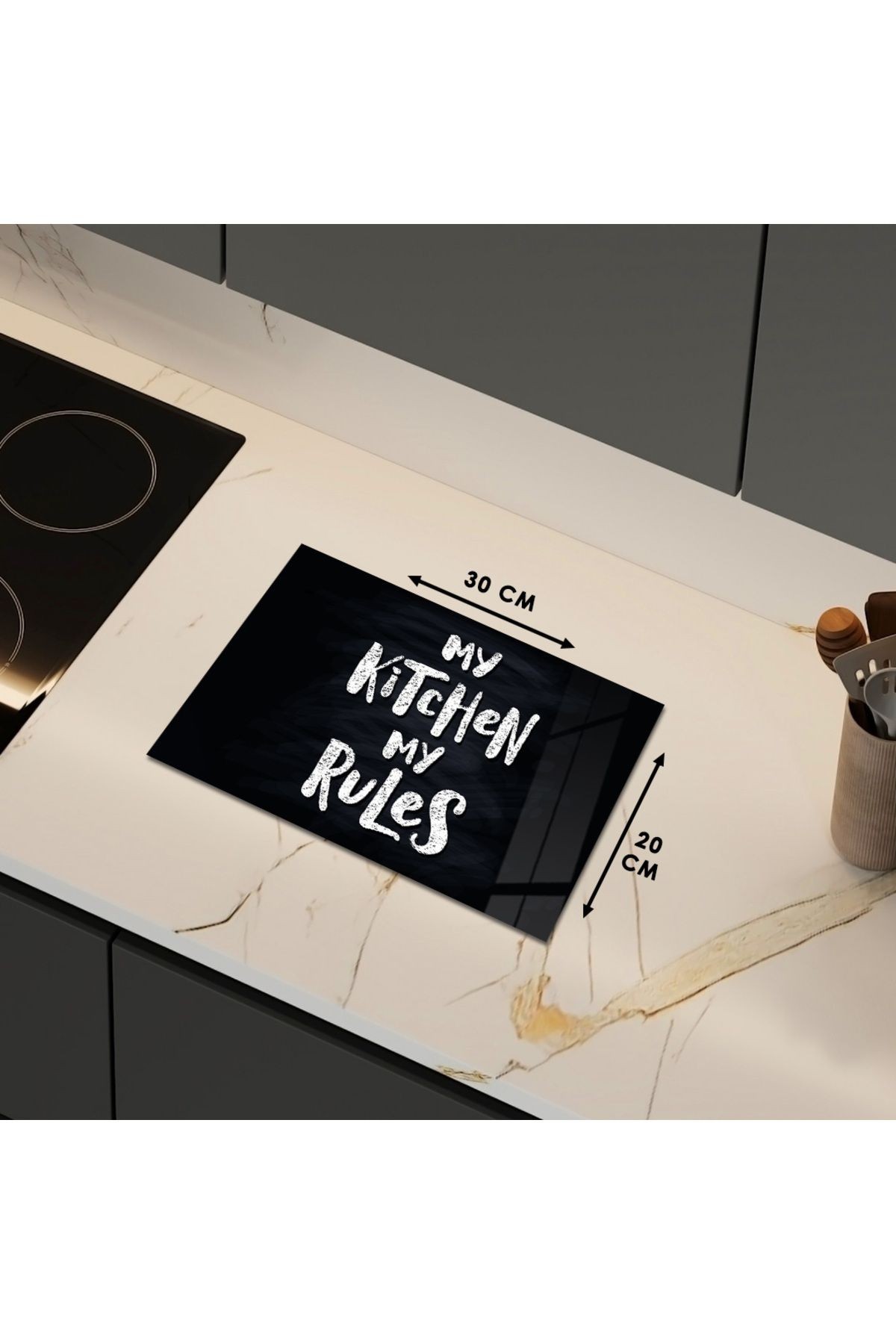 Cam Kesme Tahtası Siyah Arka Planlı "My Kitchen My Rules" Yazılı