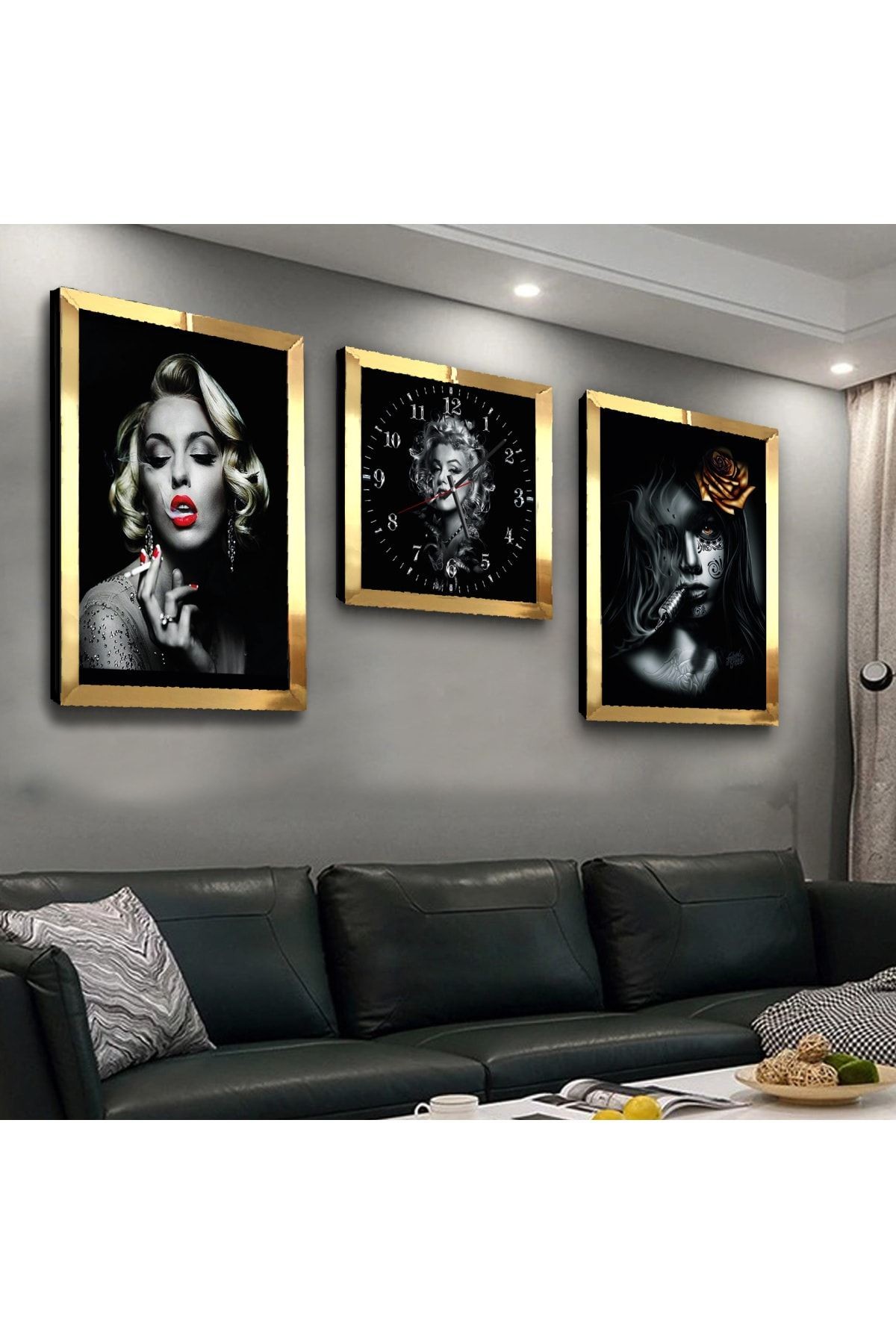Gold Aynalı Pleksi Çerçeveli Marilyn Monroe Üçlü Mdf Tablo Seti Ve Saat Seti