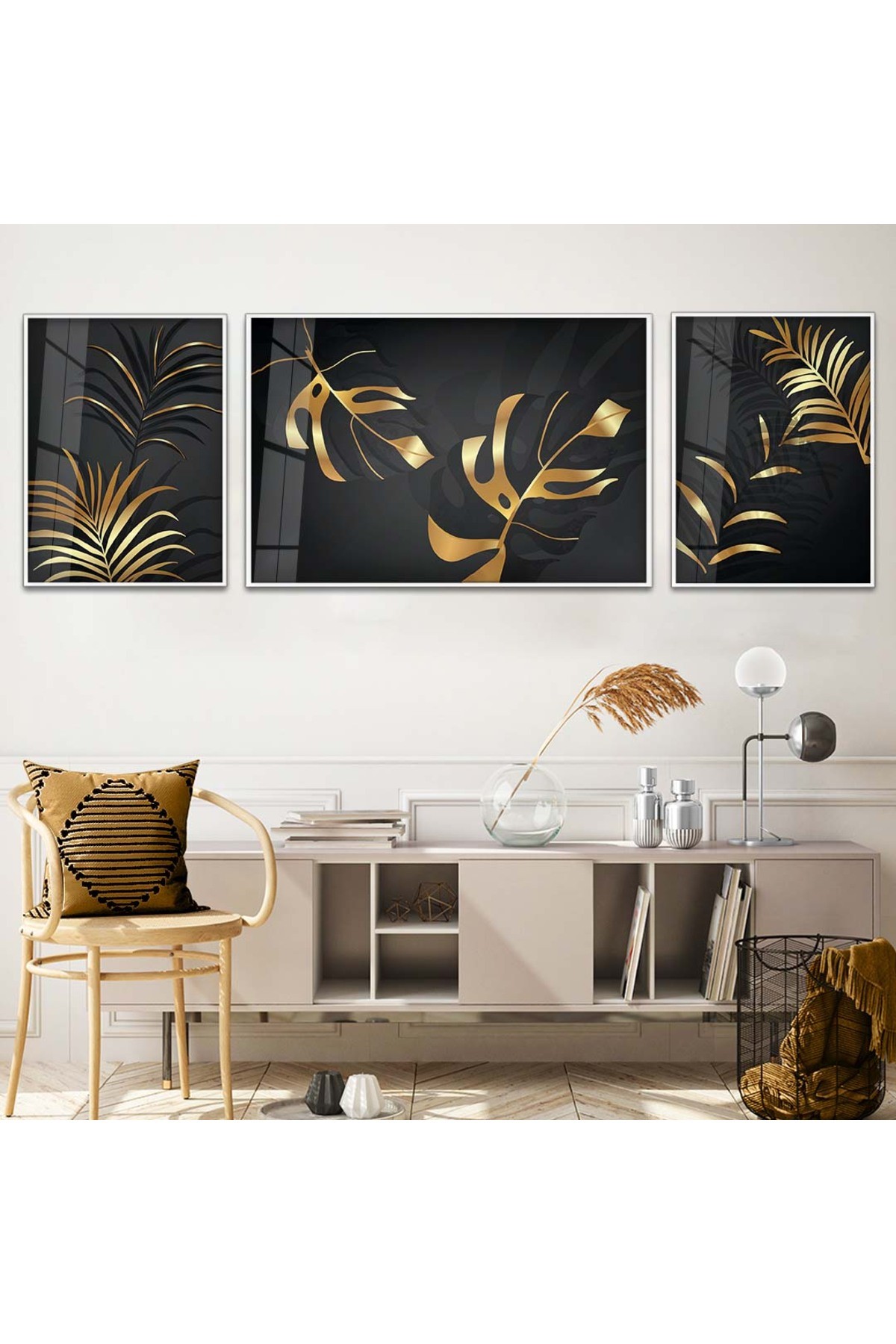 Canlı Minimalist Çizim Soyut Desen 3'Lü Metal Çerçeveli Kırılmaz Cam Tablo