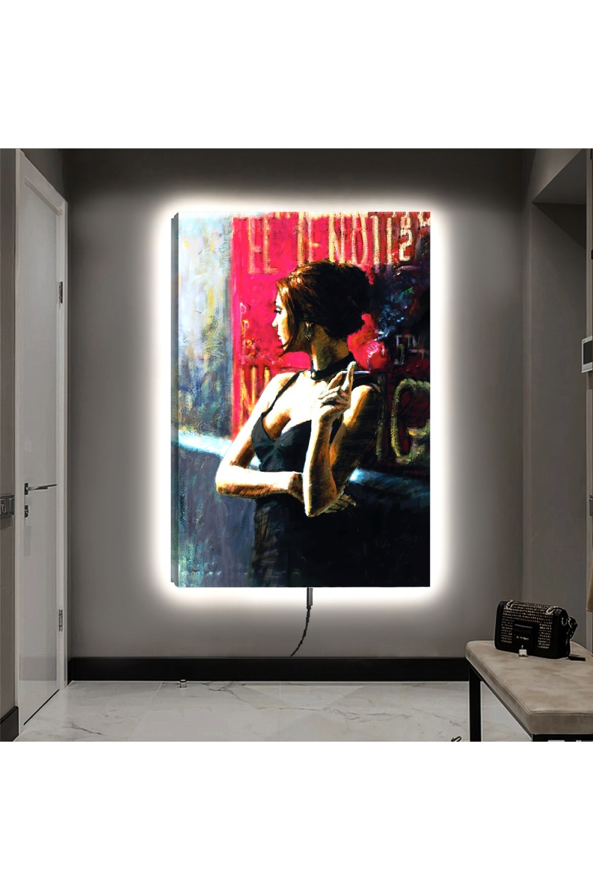 Oturma Odası Tablosu Ledli Güzel Kadın Ahşap Şase Dijital Baskı Kanvas Tablo 90X60Cm