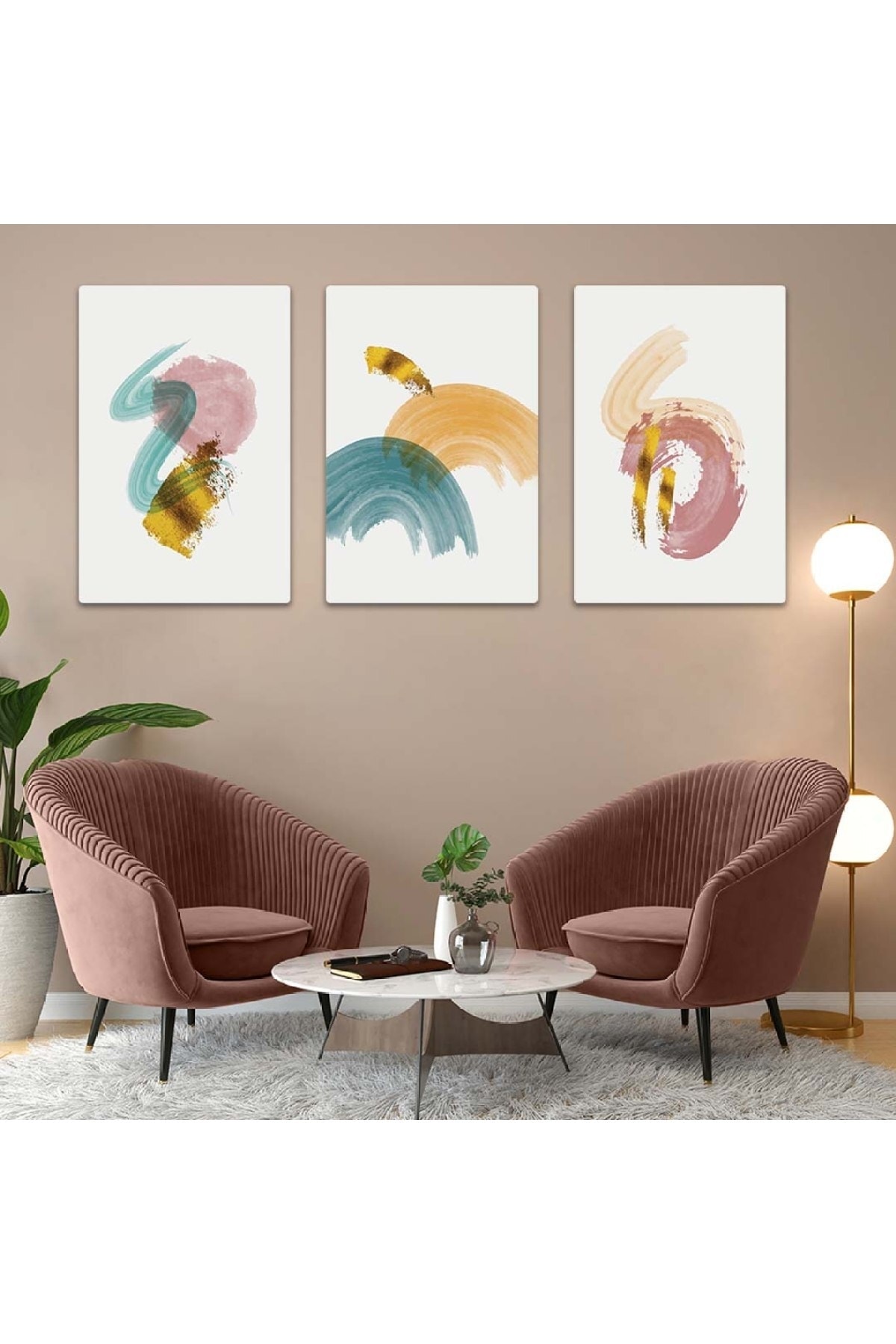 Özel Tasarım Oturma Odası Tablosu Soyut Desen 3'Lü Solmaz MDF Tablo Set