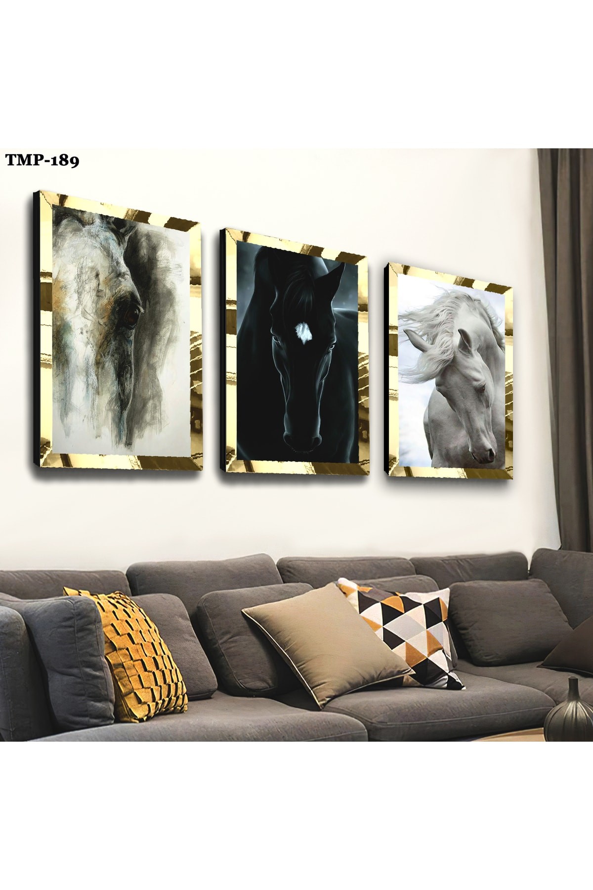 Siyah Beyaz At Gold Pleksili Saat Ve Solmaz MDF Tablo