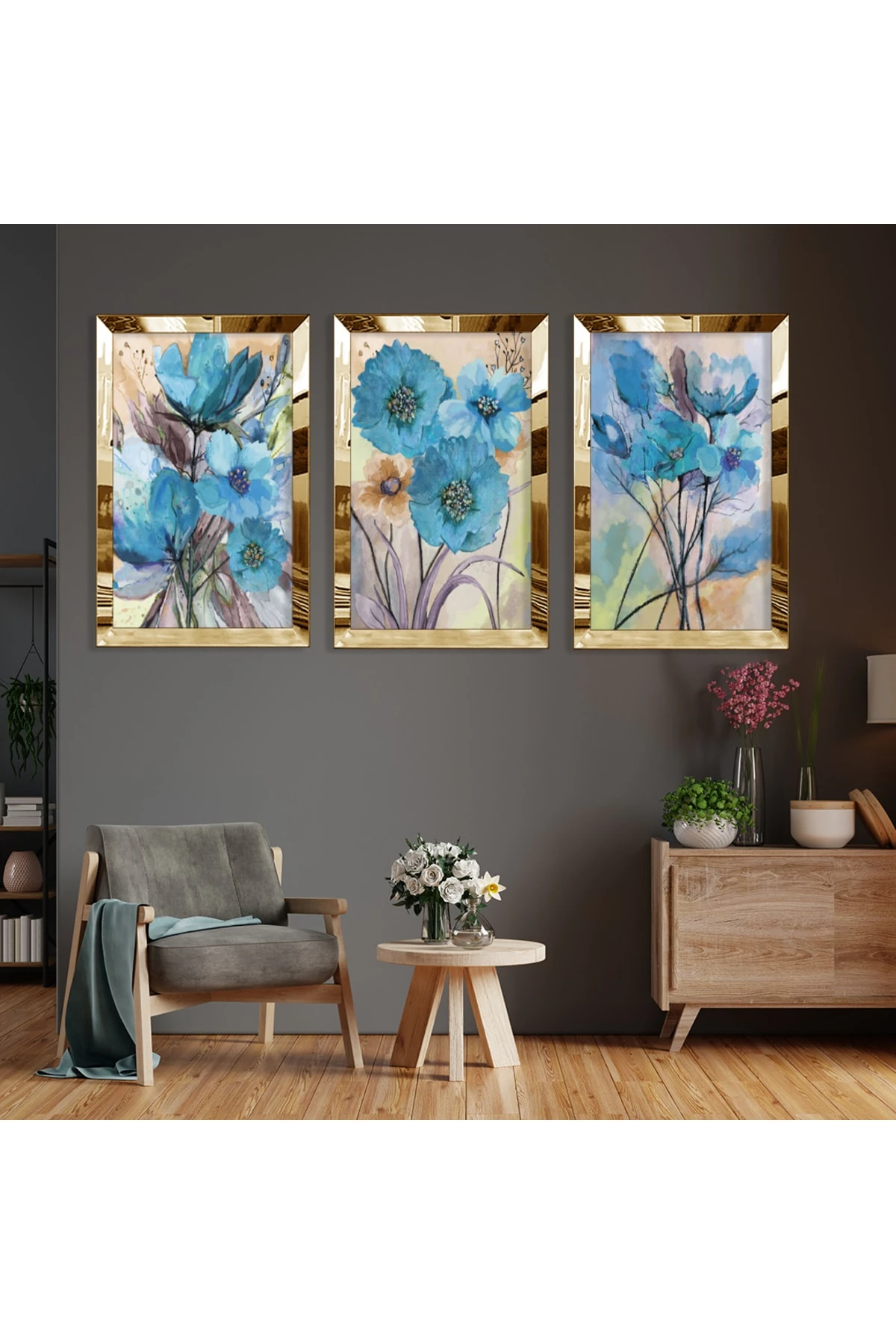 Mavi Çiçek Gold Pleksi Kenar 3'Lü Solmaz MDF Tablo
