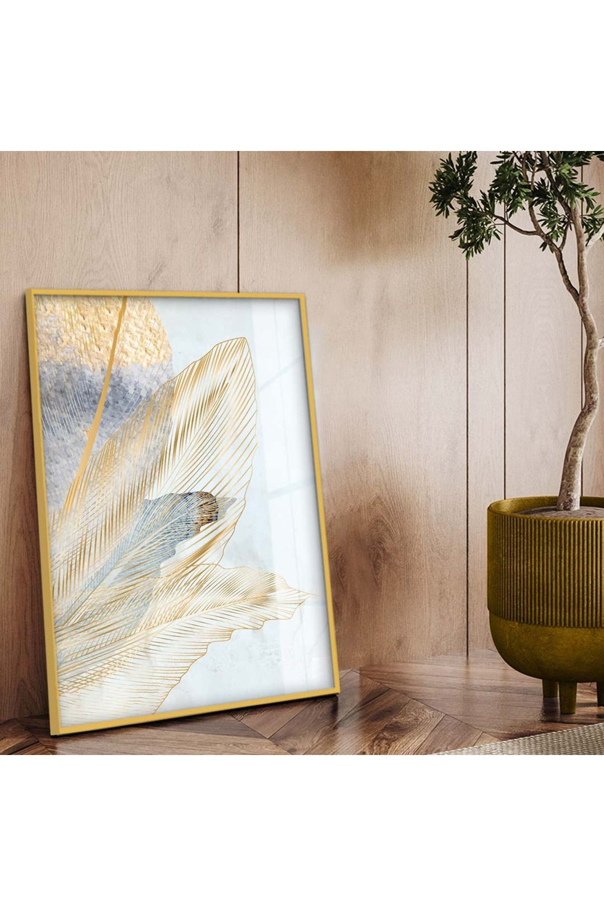 Gold Metal Çerçeveli Modern Çizim Yaprak Desen Kırılmaz Cam Tablo