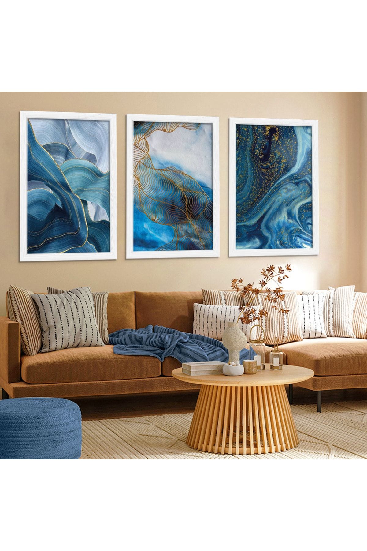 Beyaz Ahşap Çerçeveli Mavi Kolaj Çizim Tablo