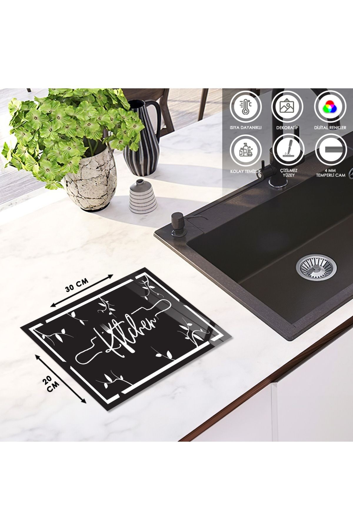 Cam Kesme Tahtası Çiçek Desenli Merdane Şekilli Yazı