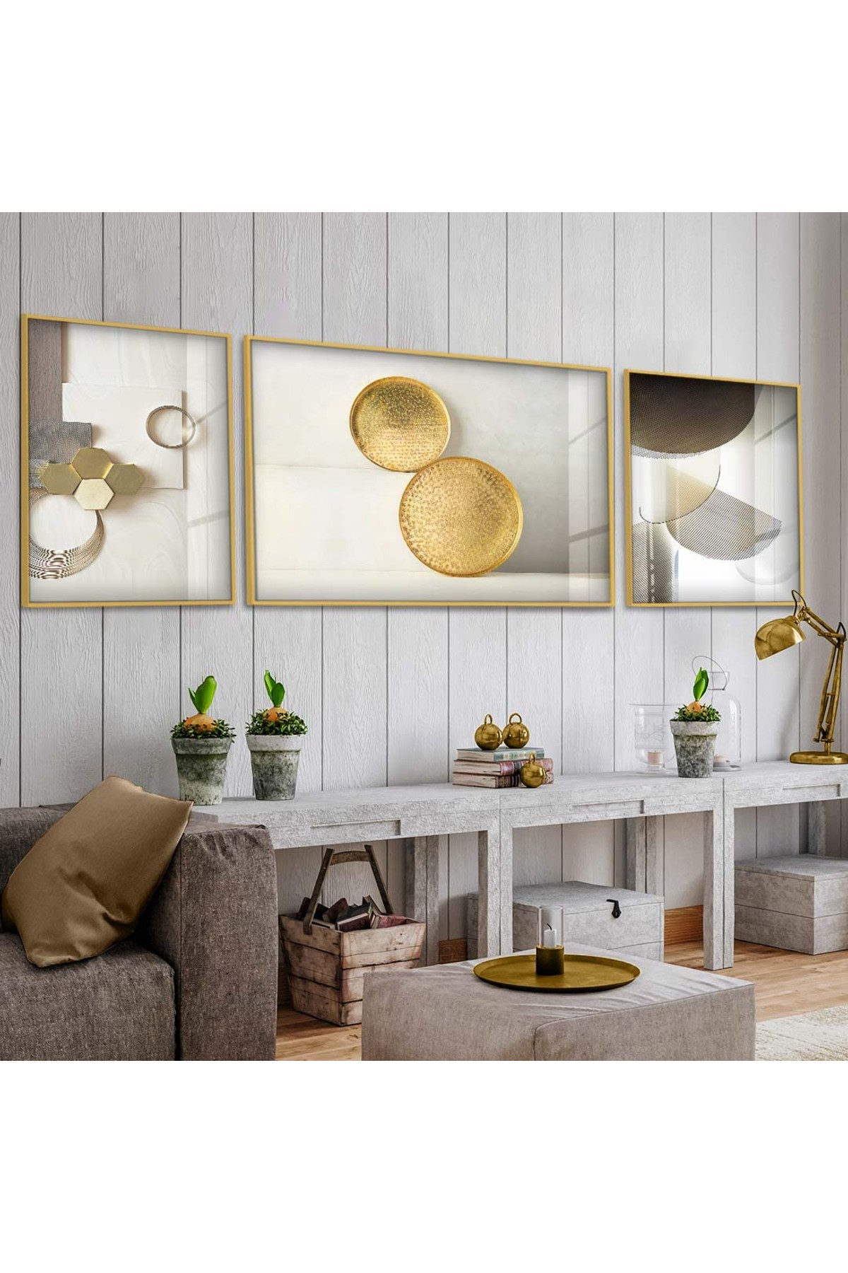 Minimalist Soyut Desen 3'Lü Metal Çerçeveli UV Baskı Kırılmaz Cam Tablo