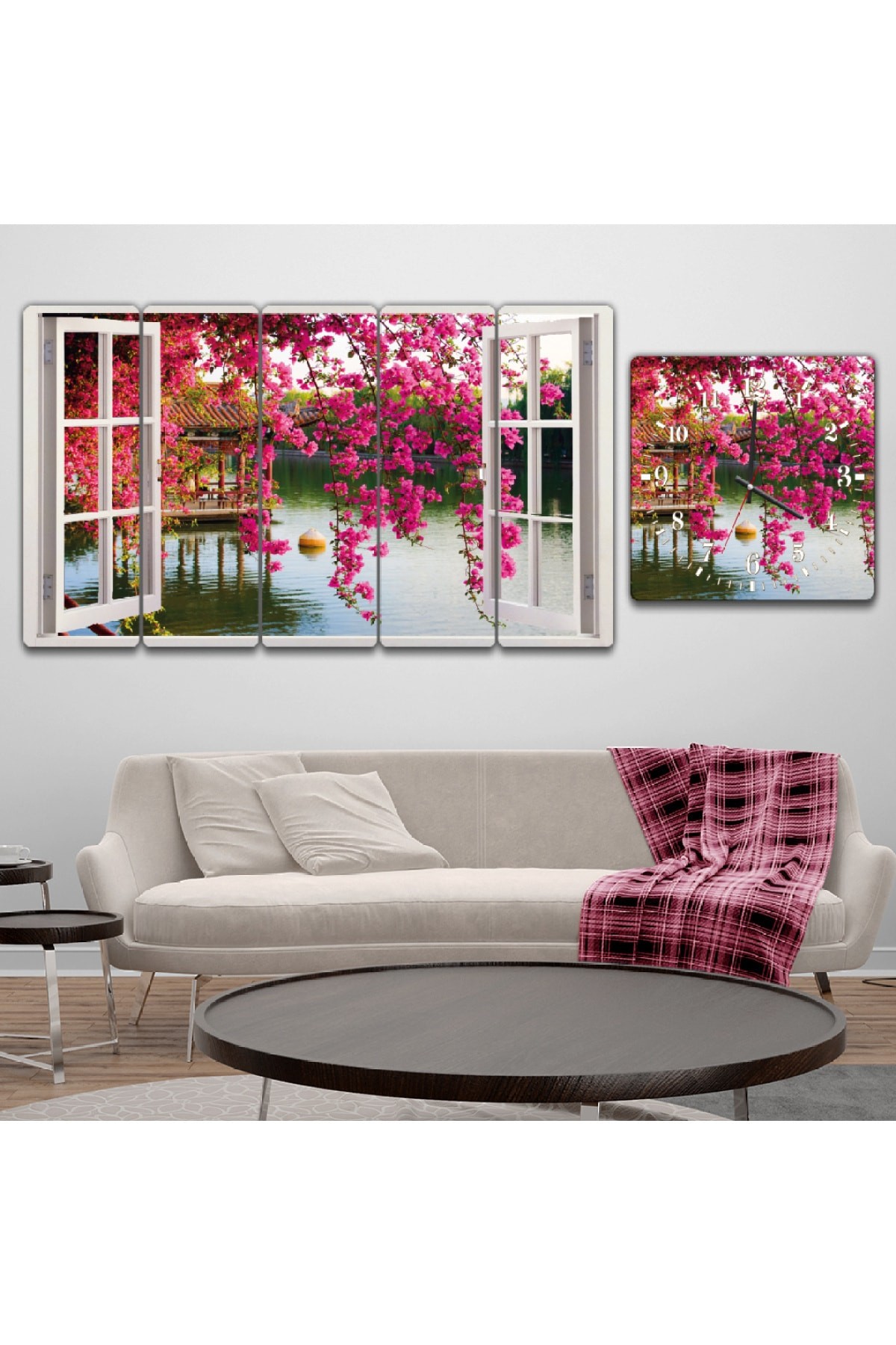 Huzur Pencere Manzara Solmaz MDF Tablo Ve Saat Kombin