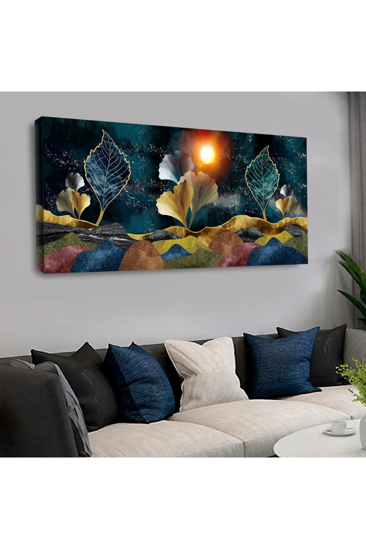 Dijital Baskı Kanvas Renkli Gold Yaprak Detaylı Tablo 120X60Cm