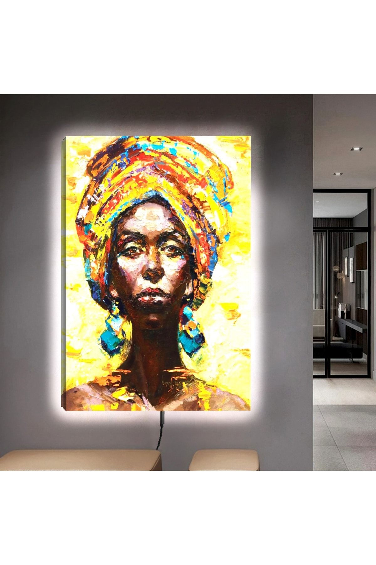 Ledli 90x60 Kolaj Çizim Afrikalı Genç Kadın Kanvas Tablo