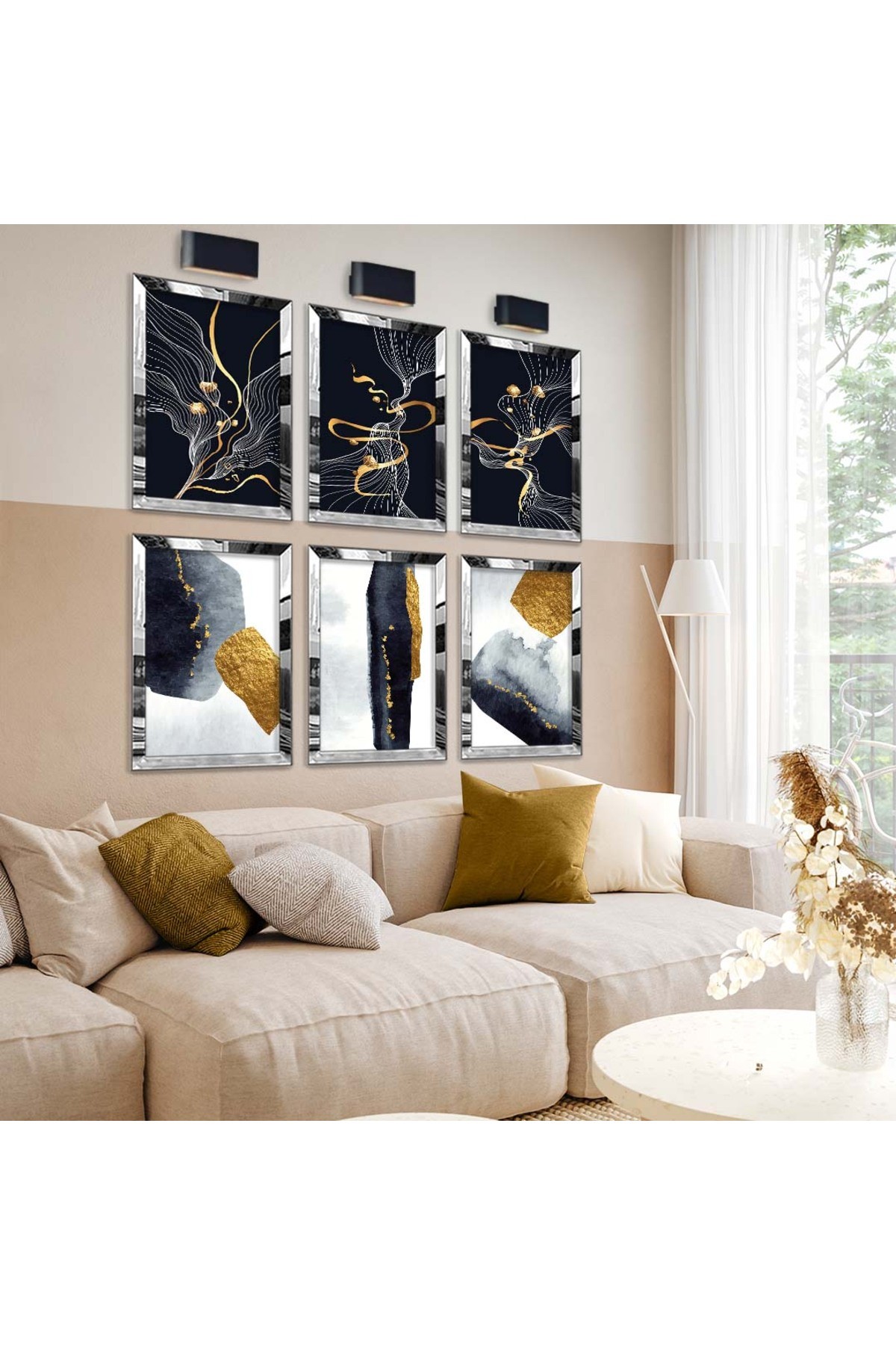 Modern Çiçek Desen Gold Tema 6'Lı Pleksi Kenar Solmaz MDF Tablo Seti
