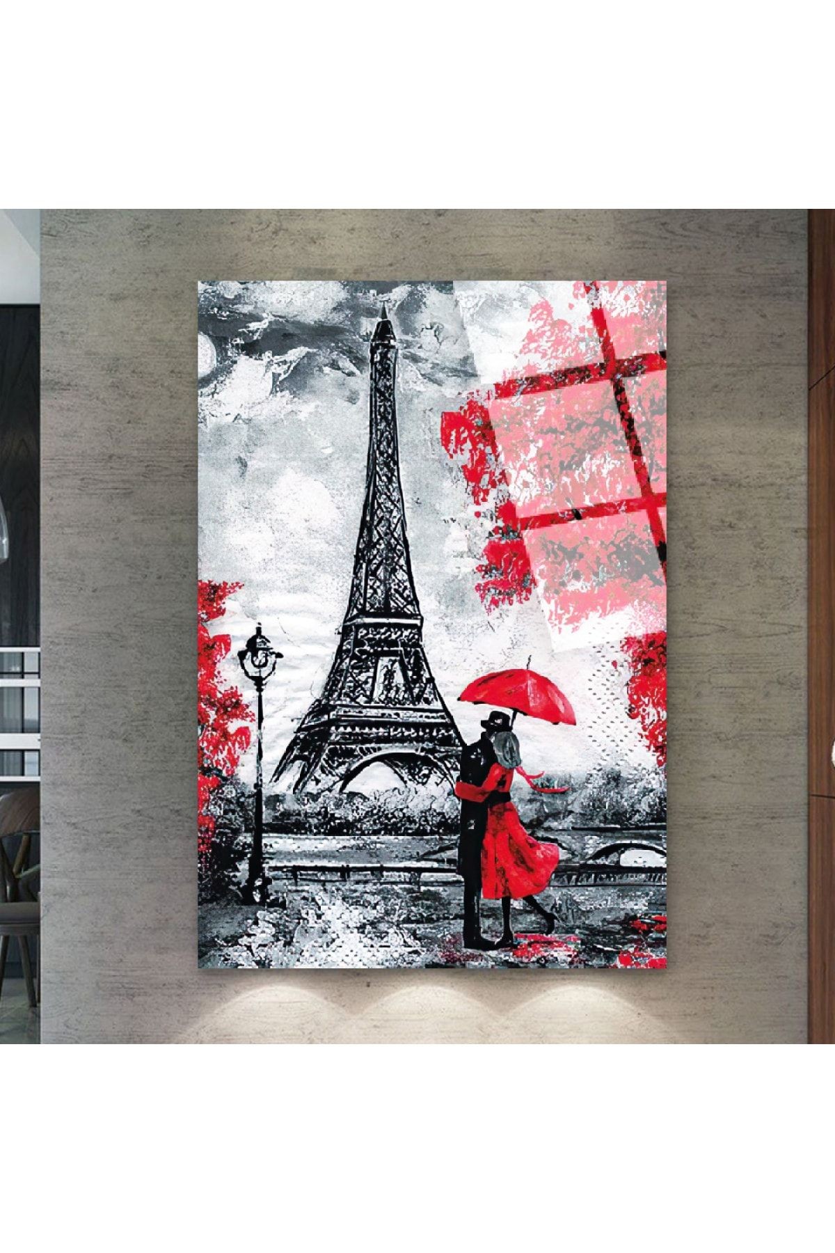 Çerçevesiz Dikey Kırmızı Çiçekli Ağaçlar Ve Eiffel Kulesi Kırılmaz Cam Tablo