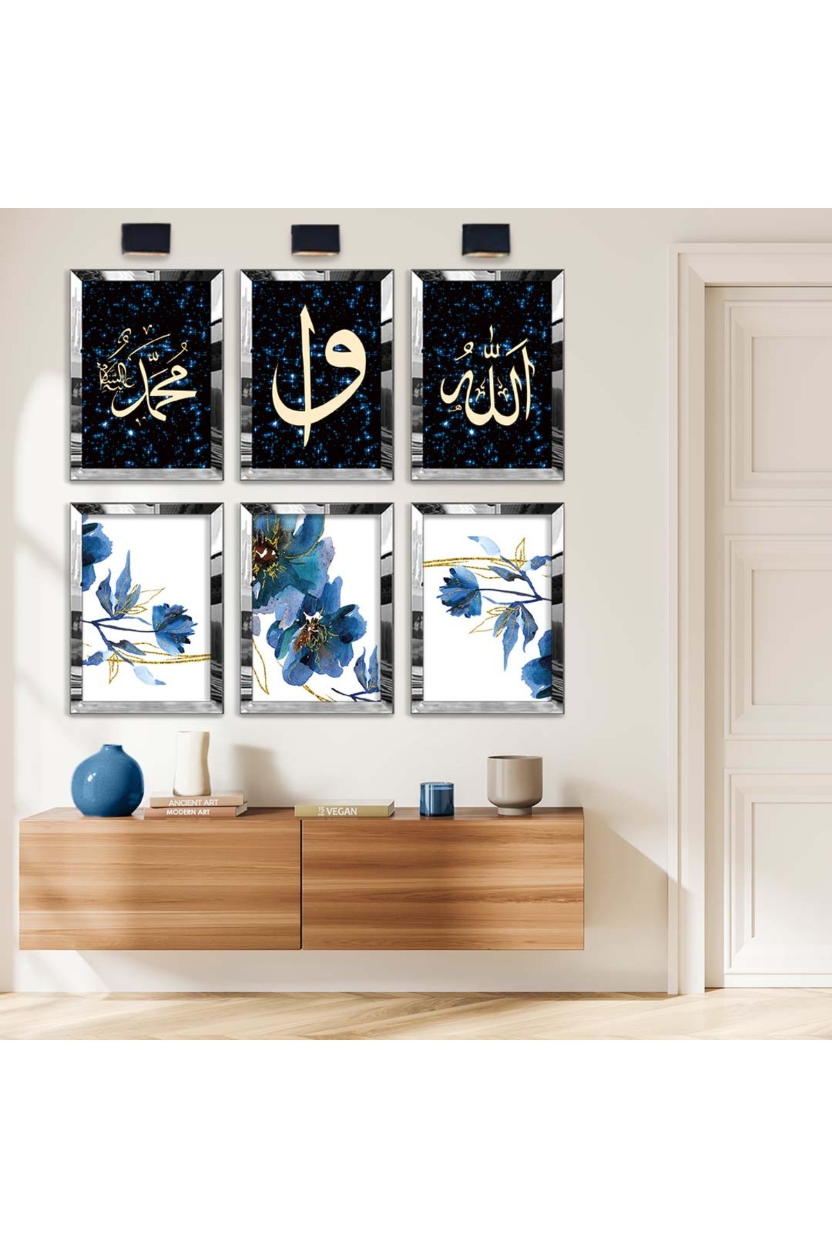 Allah Lafzı Ve Mavi Çiçek 6'Lı Pleksi Kenar Solmaz MDF Tablo Seti
