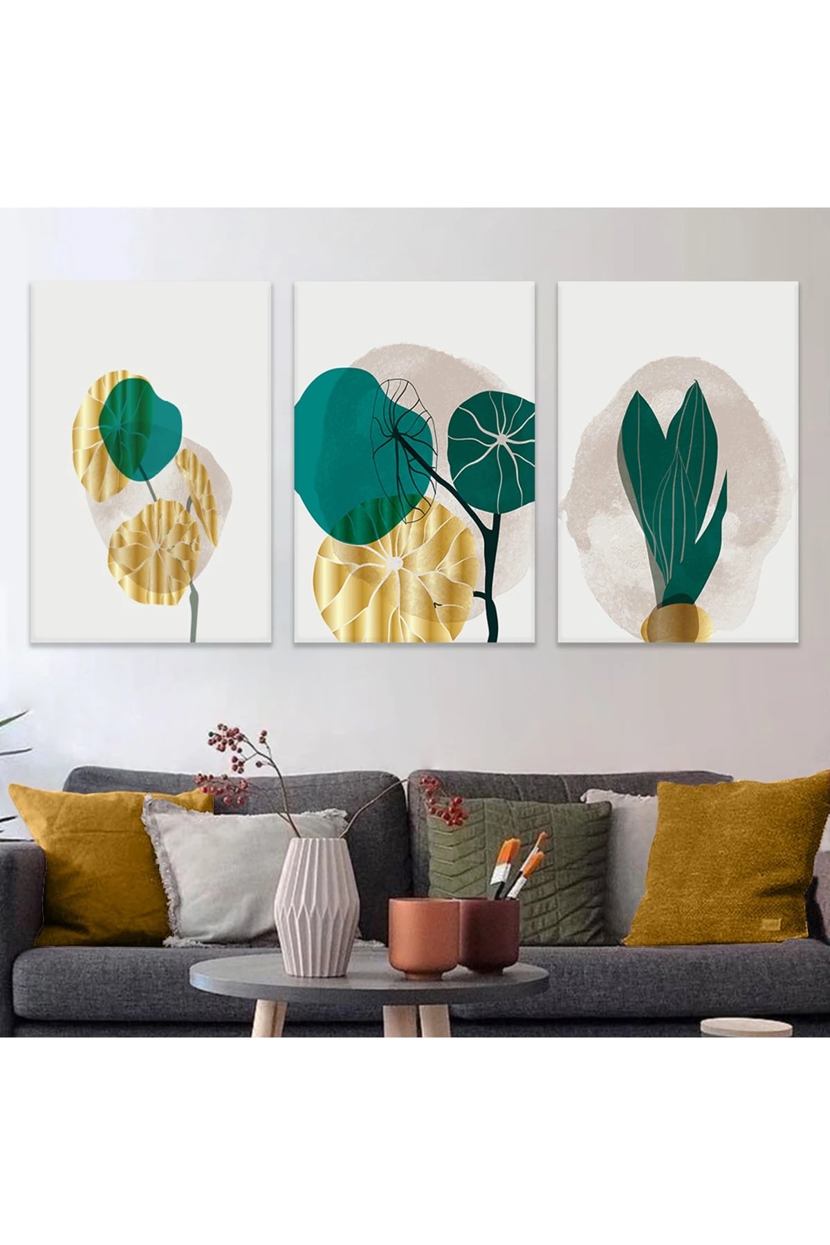 Minimalist Tablo Soyut Desen Bitki 3'Lü Ahşap Şase Dijital Baskı Kanvas Tablo