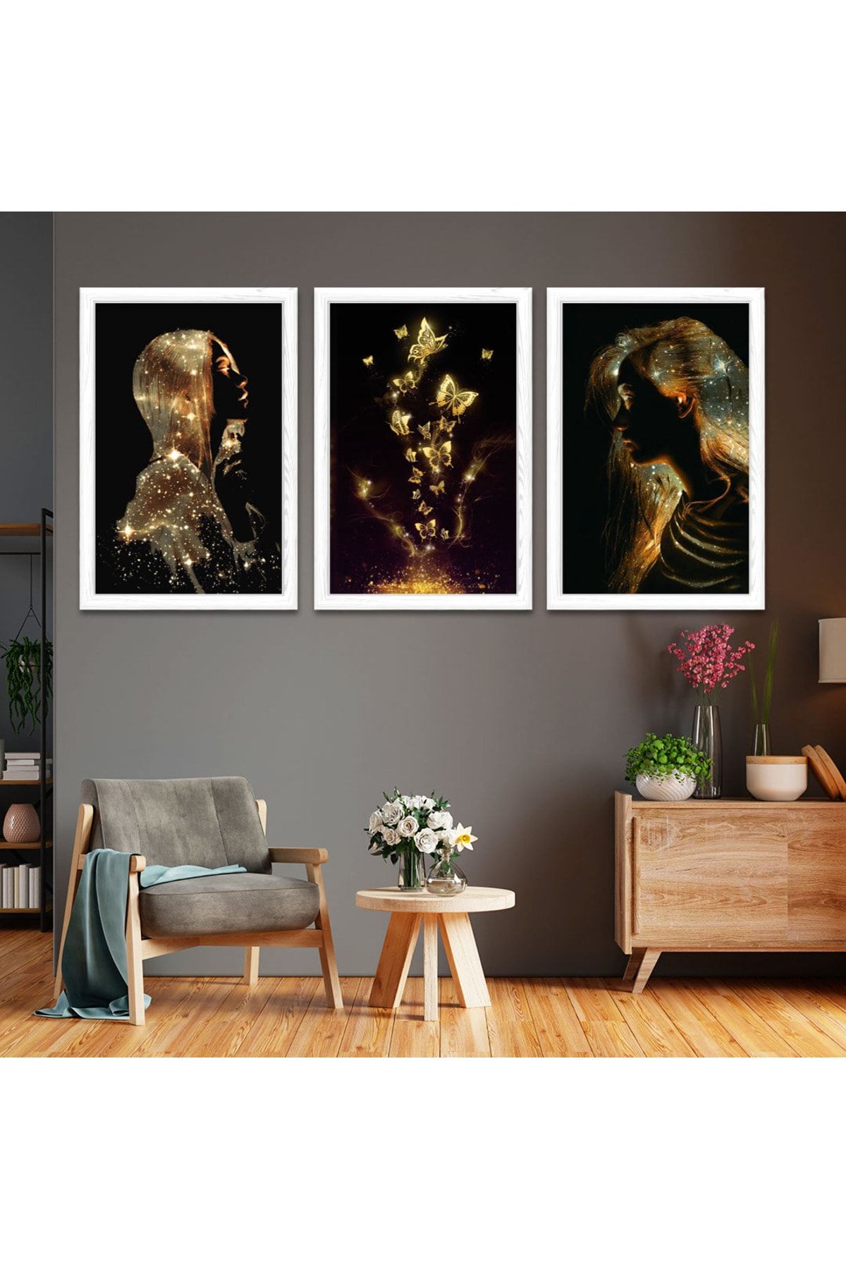 Beyaz Ahşap Çerçeveli Kolaj Çizim Kız Tablo