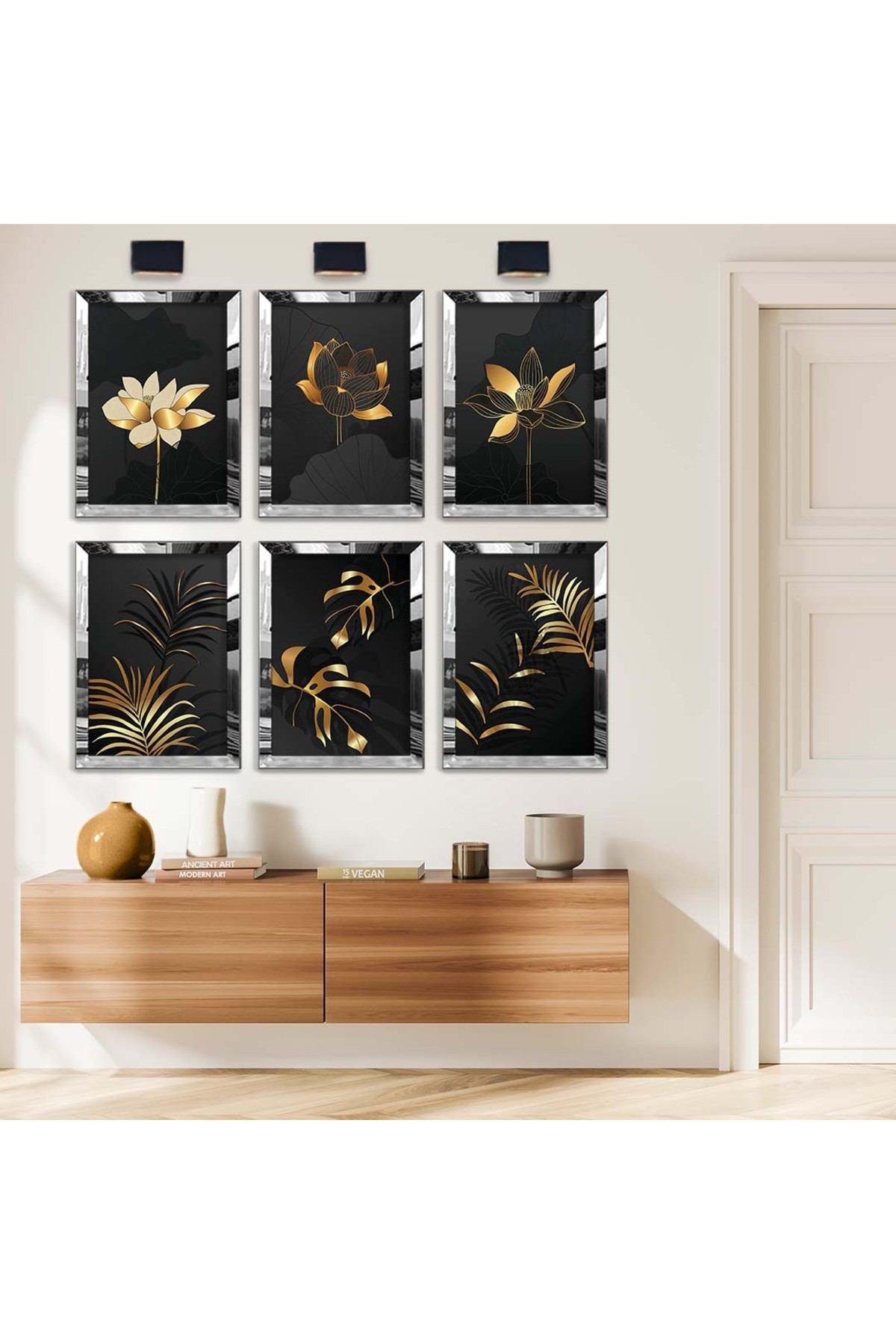 Gold Çiçek Ve Yaprak Tema 6'Lı Pleksi Kenar Solmaz MDF Tablo Seti
