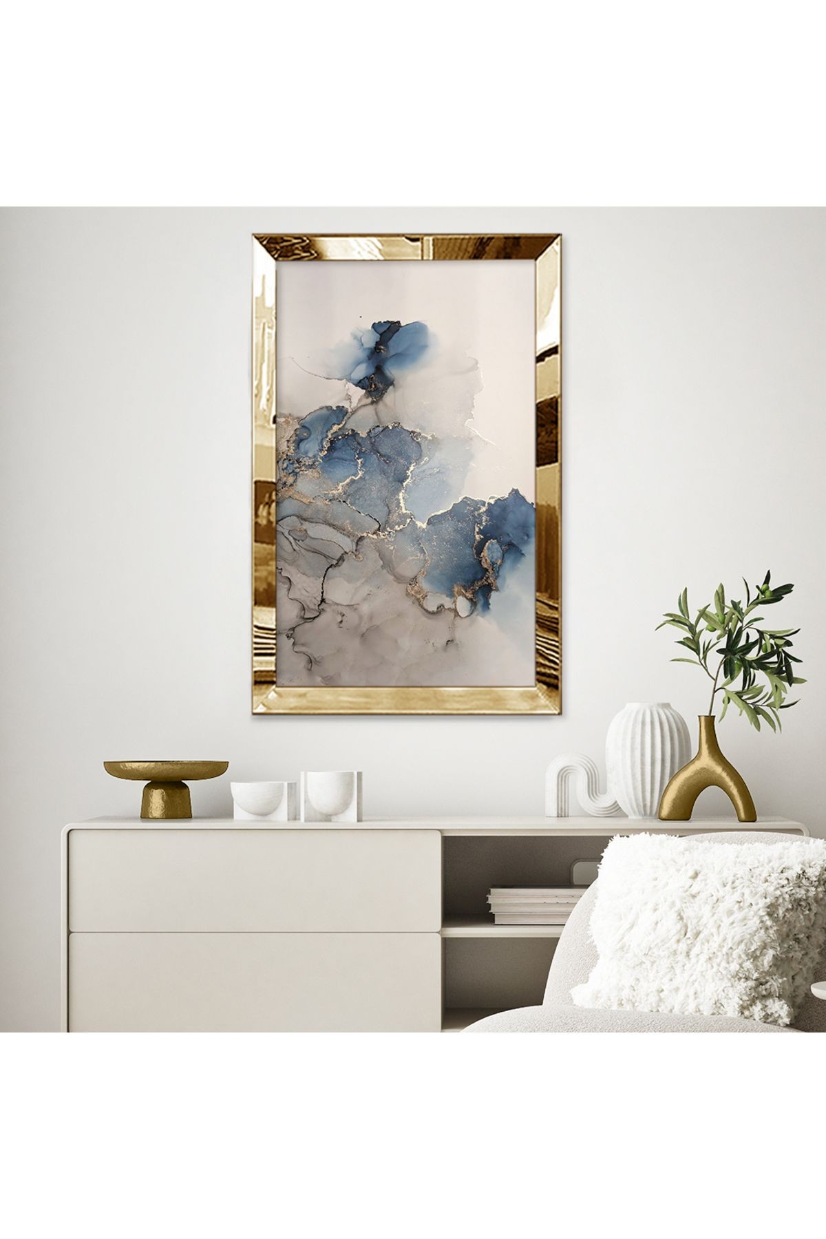 Gold Aynalı Pleksi Çerçeveli Modern Mavi Kahverengi Mermer Çiçek Desenli Soyut Çizim Mdf Tablo