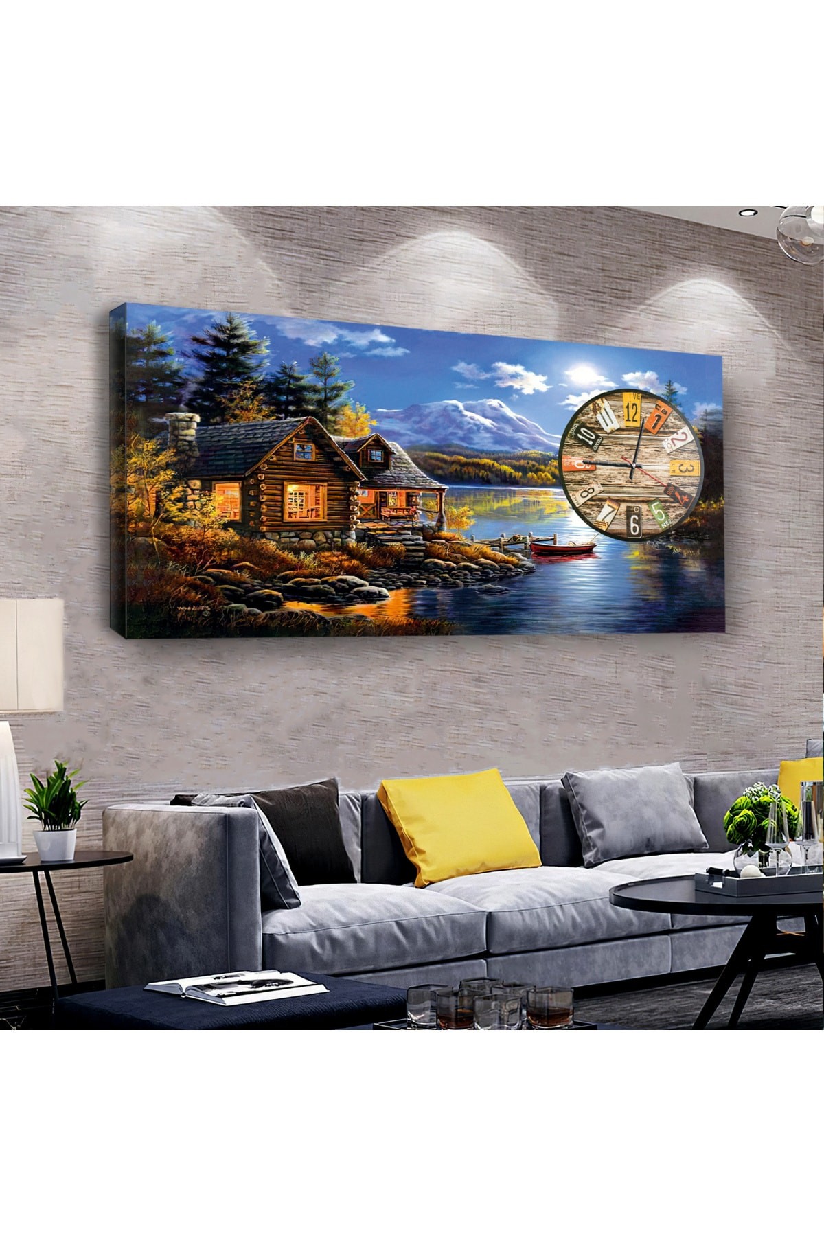 Modern Manzara saatliAhşap Şase Dijital Baskı Kanvas Tablo 120X60Cm
