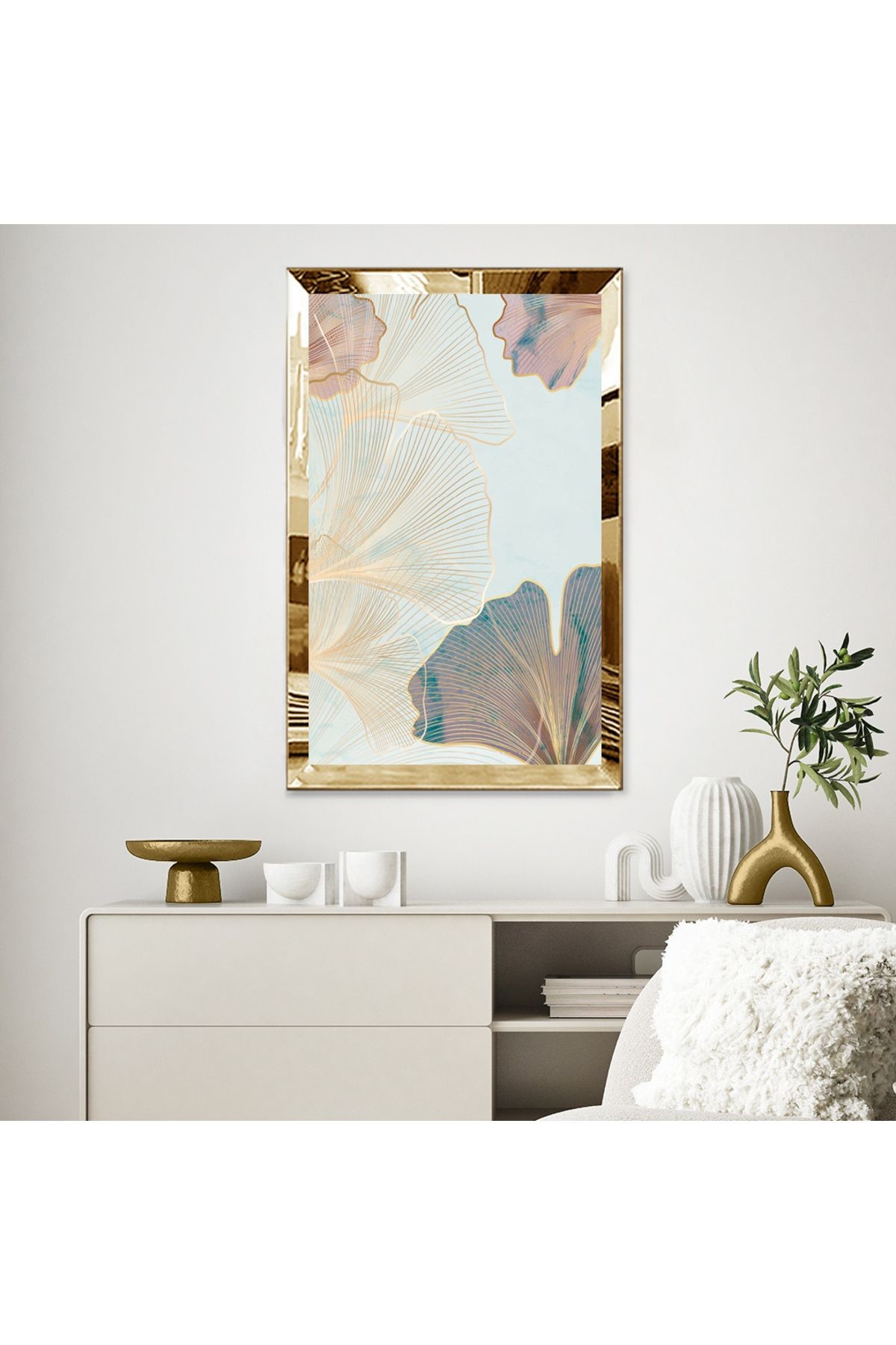Gold Aynalı Pleksi Çerçeveli Çizgisel Tarzda Pastel Renkli Hipnoz Çiçekleri Mdf Tablo