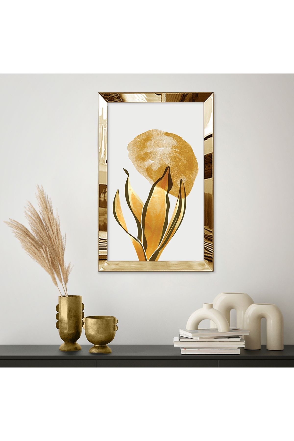 Gold Aynalı Pleksi Çerçeveli Minimal Altın Renkli Yaprak Mdf Tablo