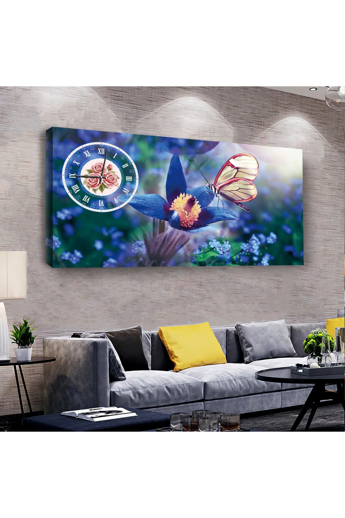Huzur Kelebek saatliAhşap Şase Dijital Baskı Kanvas Tablo 100X50Cm
