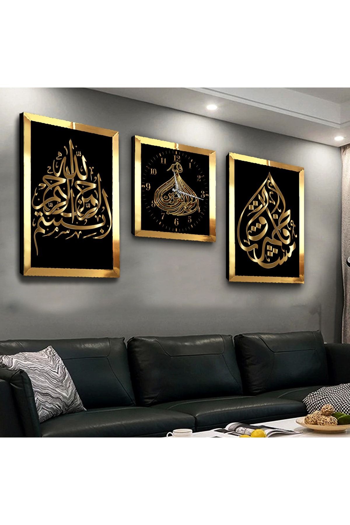 Gold Aynalı Pleksi Çerçeveli Dini Mdf Tablo Seti Üçlü Mdf Tablo Seti Ve Saat Seti