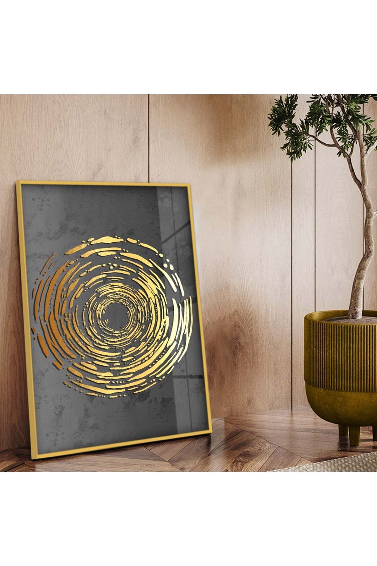 Gold Metal Çerçeveli Gold Tema Kolaj Çizim Kırılmaz Cam Tablo