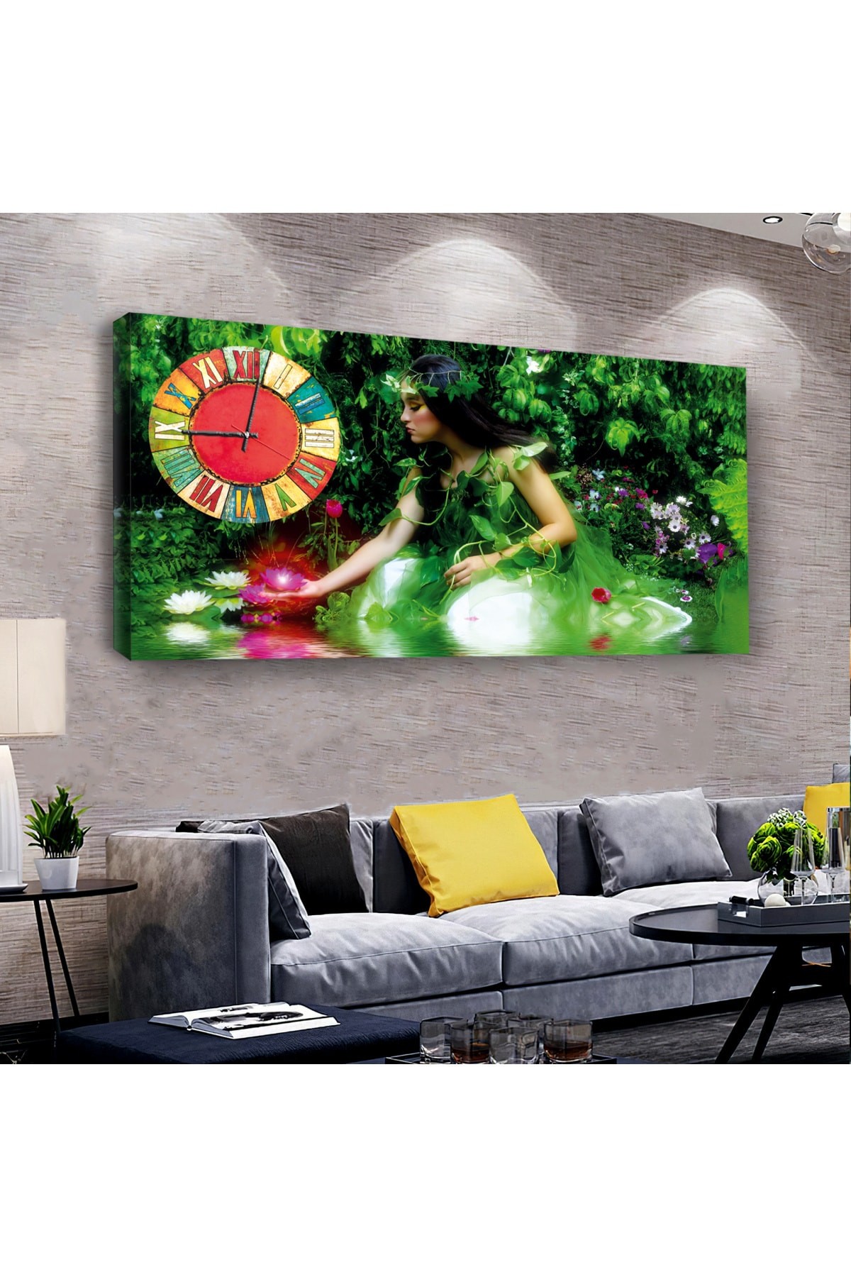 Güzel Kız saatliAhşap Şase Dijital Baskı Kanvas Tablo 100X50Cm