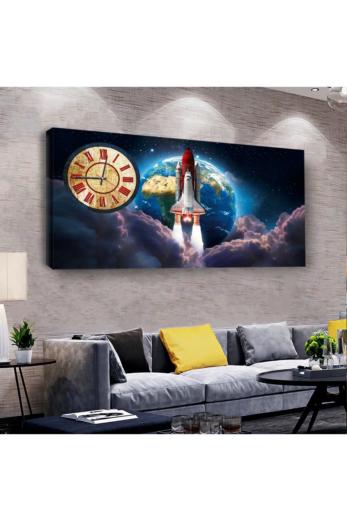 Space saatliAhşap Şase Dijital Baskı Kanvas Tablo 100X50Cm
