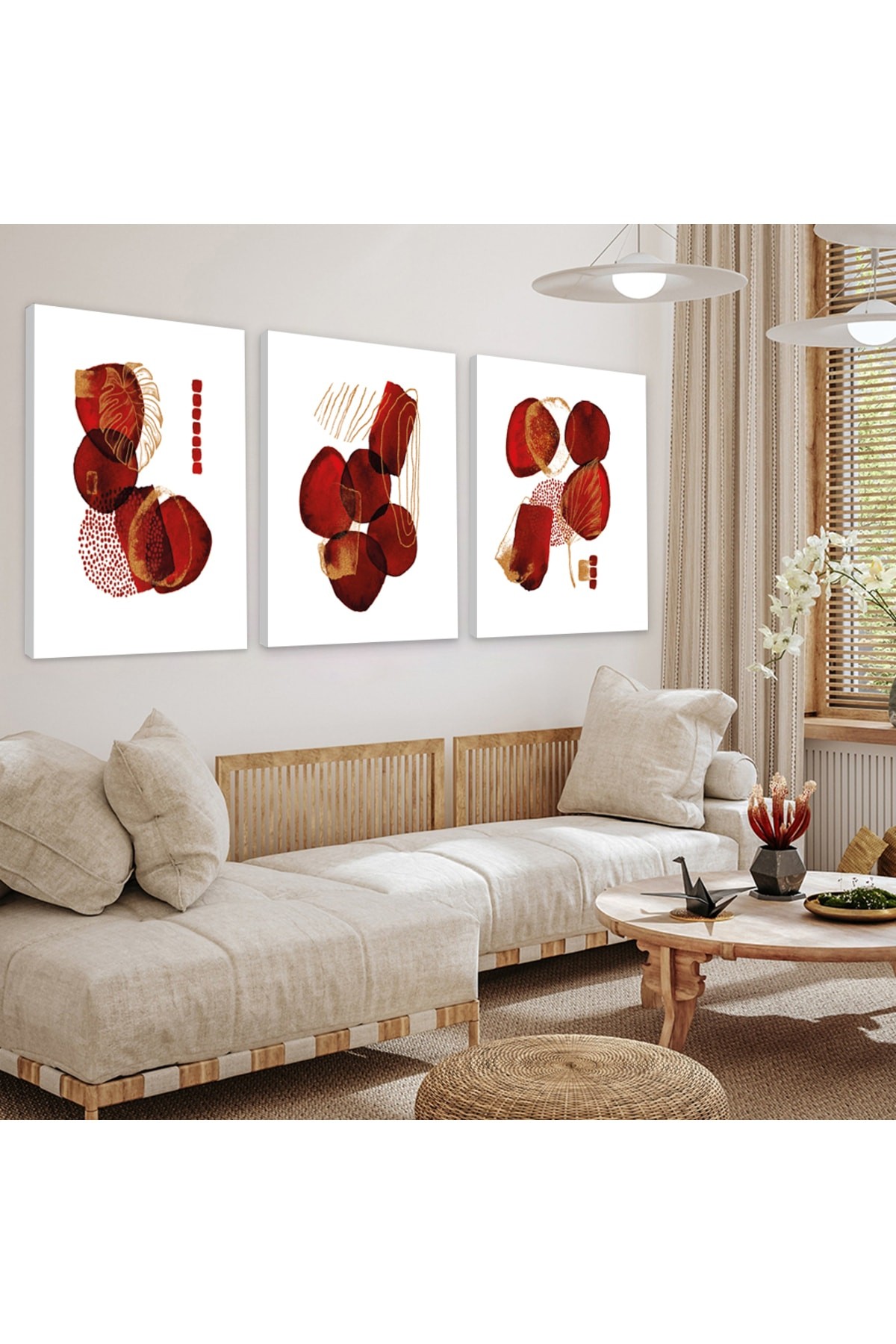 Minimalist Tablo Şekiller Soyut Desen 3'Lü Ahşap Şase Dijital Baskı Kanvas Tablo