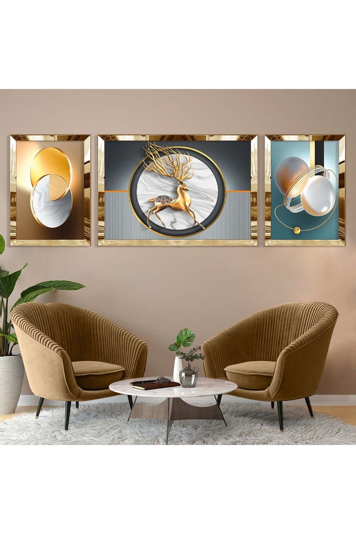 Gold Aynalı Pleksi Çerçeveli Üçlü Geğik Desenli Mdf Tablo Seti