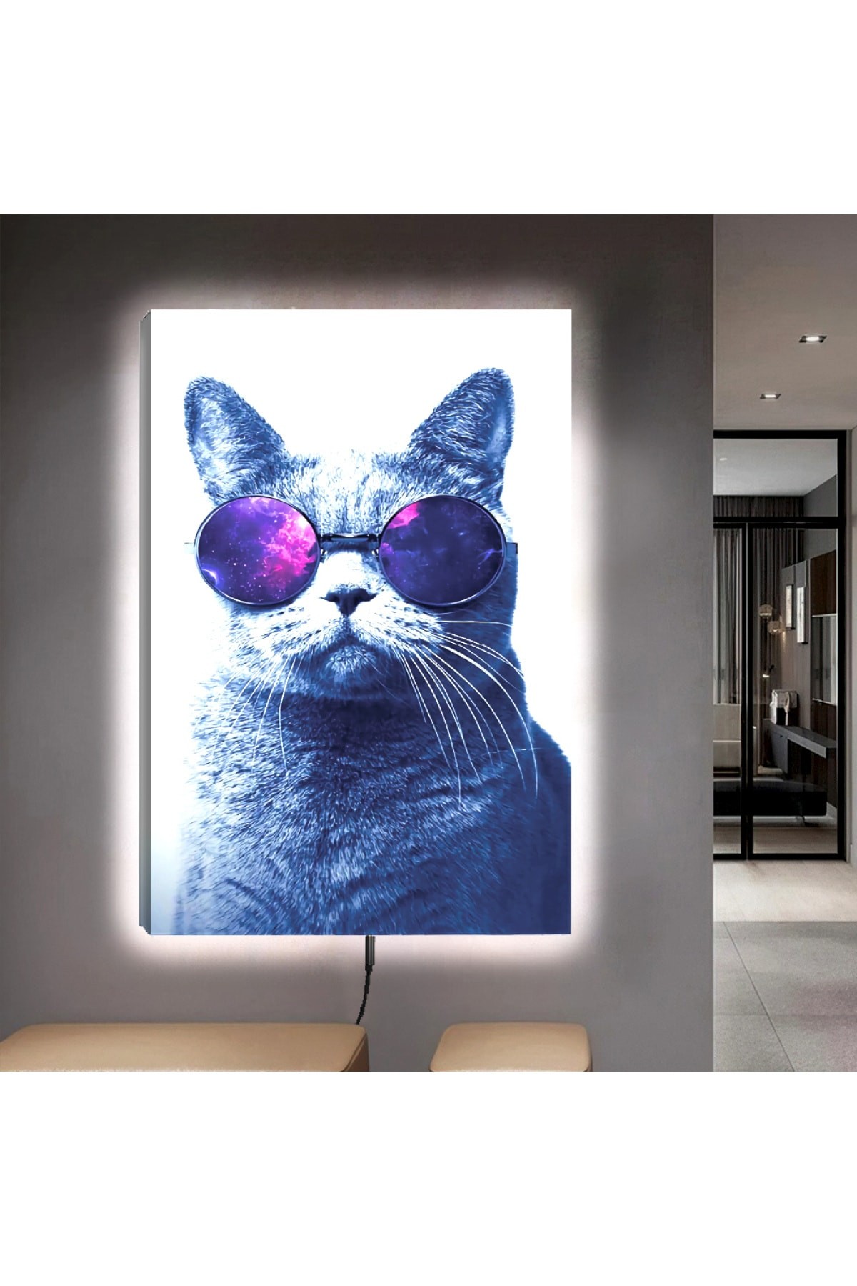 Ledli Tarz Kedi Ahşap Şase Dijital Baskı Kanvas Tablo 90X60Cm