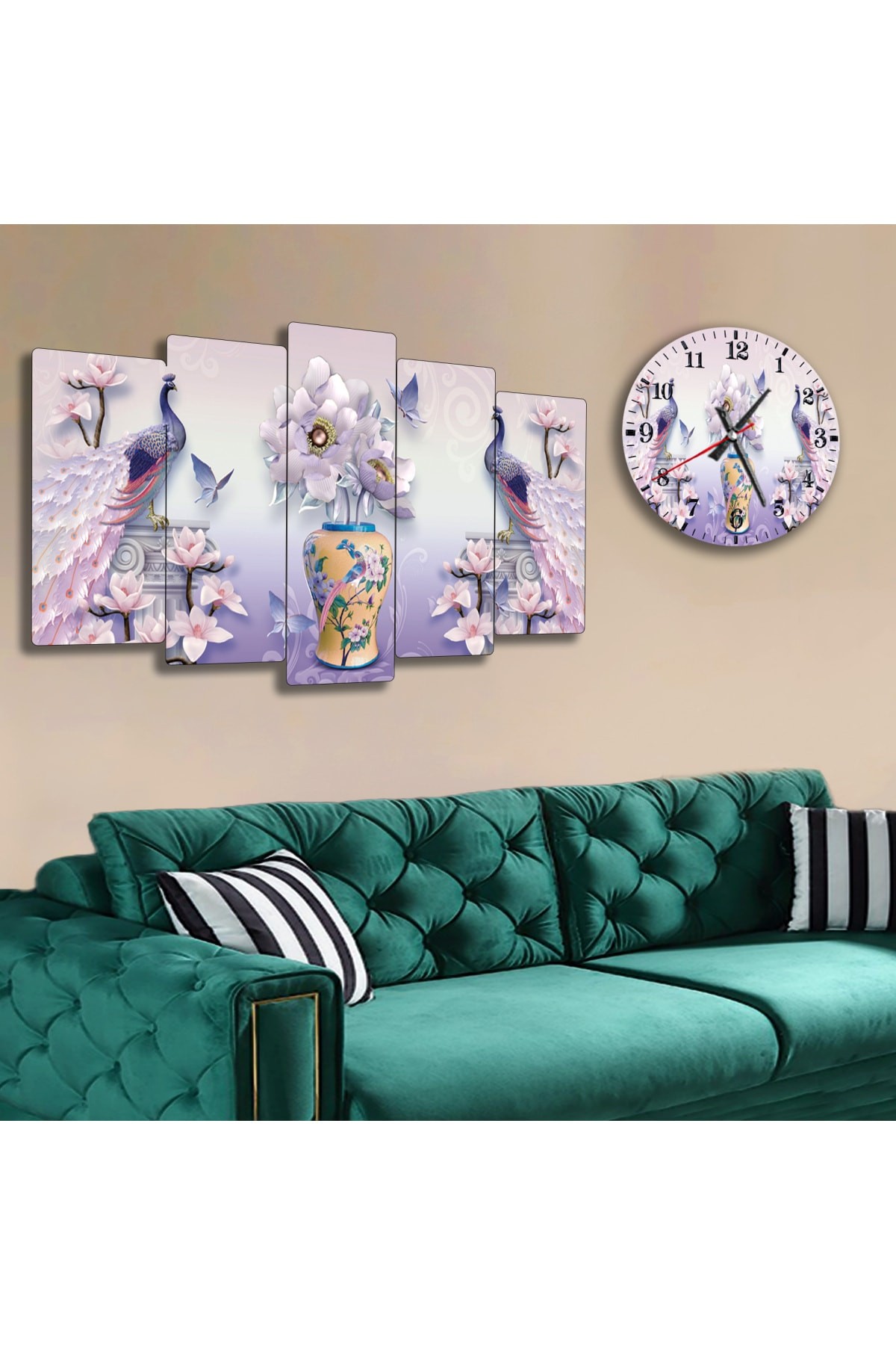 Modern Tablo Tavus Kuşu Solmaz MDF Tablo Ve Saat Kombin