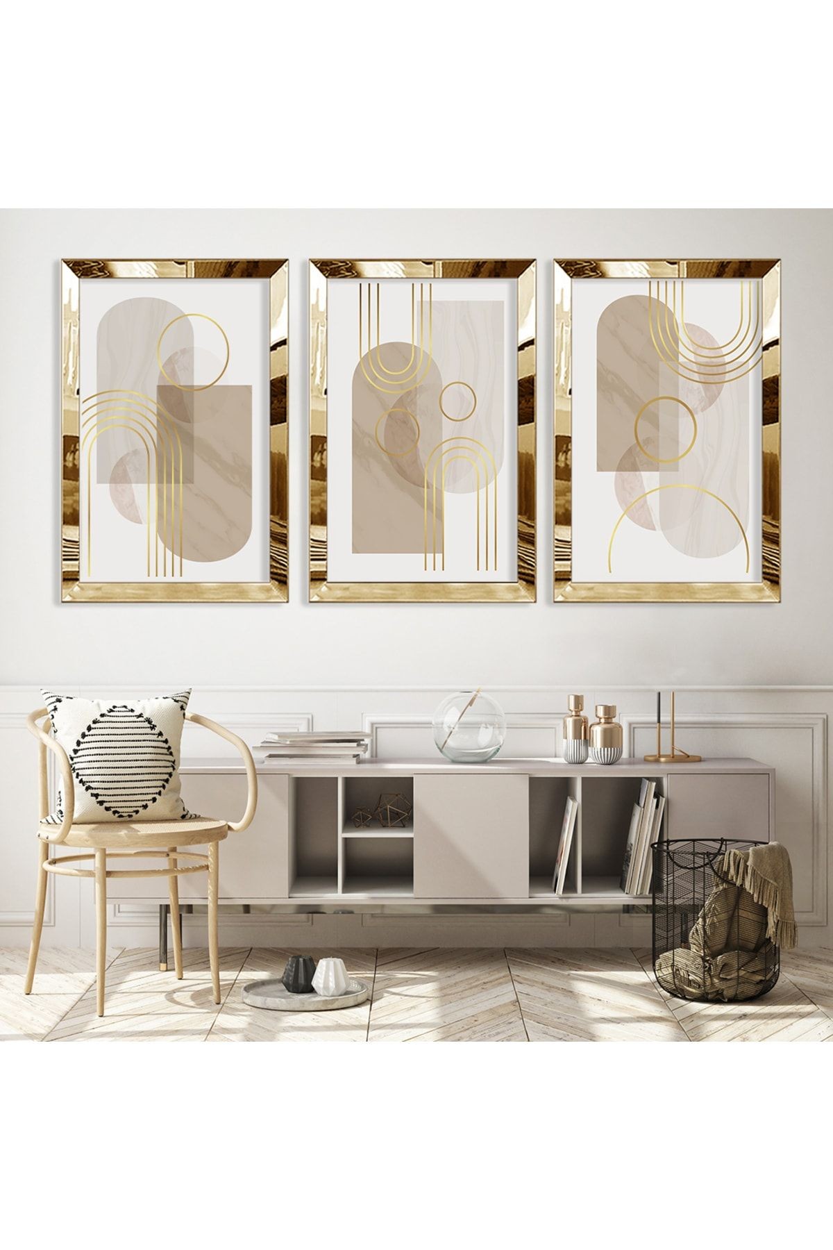 Soyut Desen Şekiller Gold Pleksi Kenar Üçlü Mdf Tablo Seti