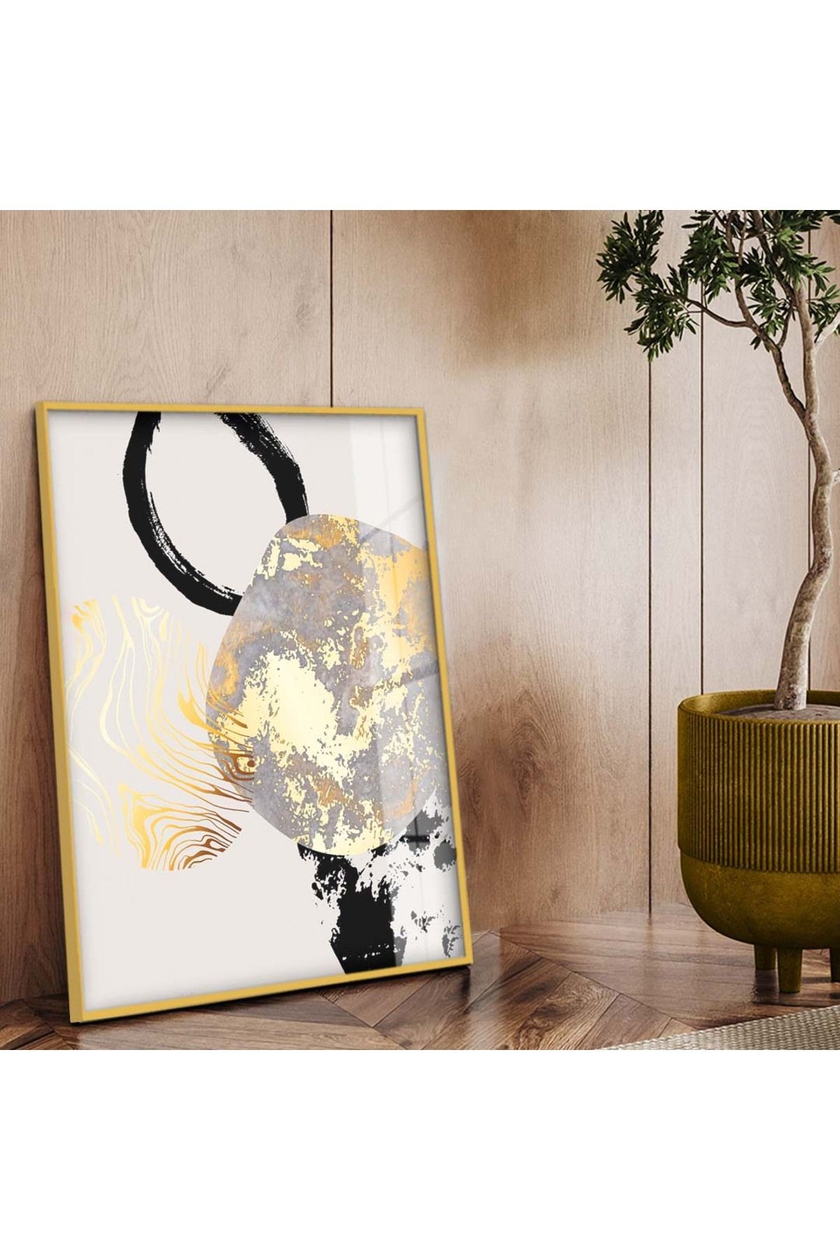Gold Metal Çerçeveli Modern Çizim Kırılmaz Cam Tablo