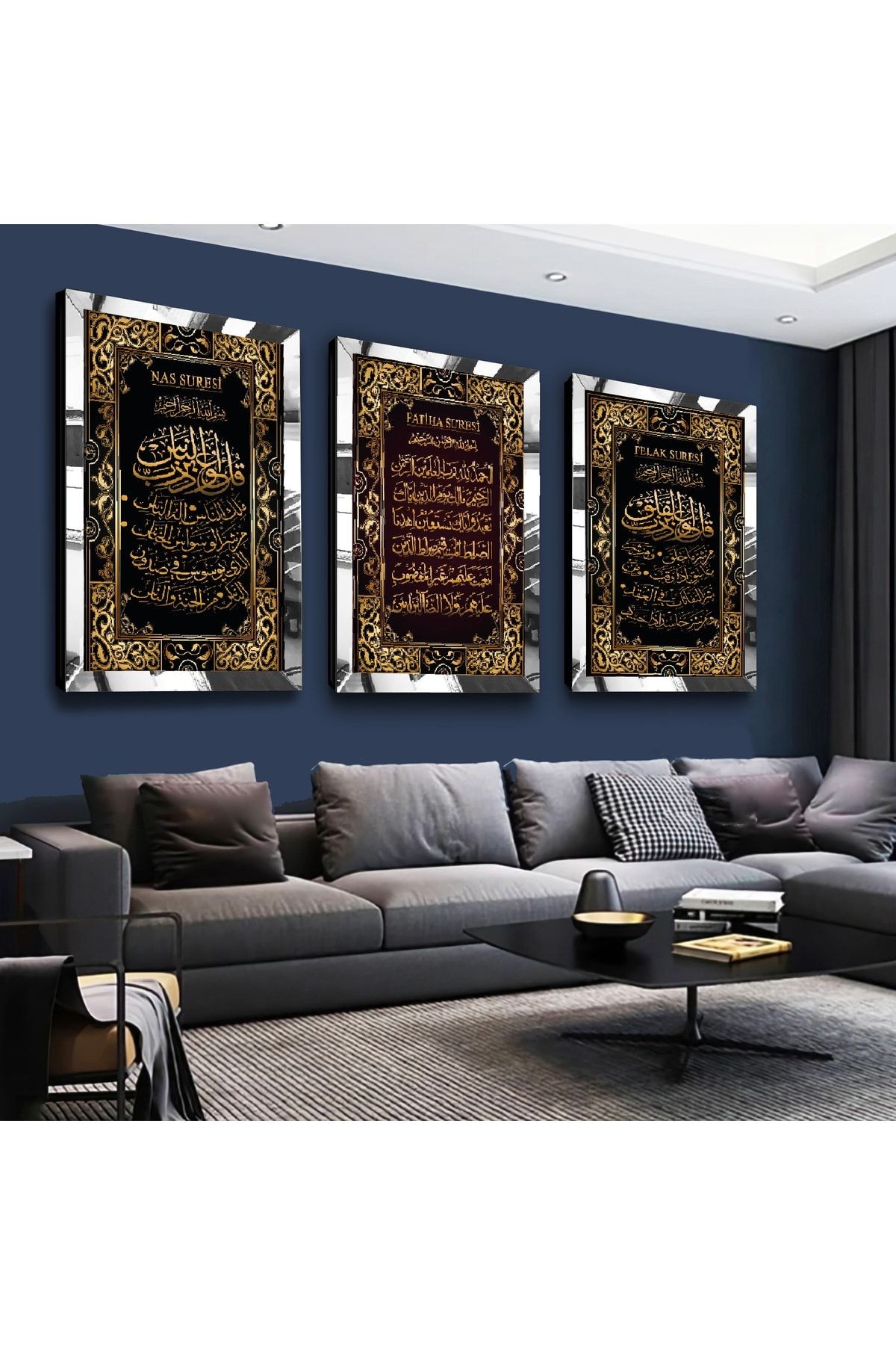 Gold Aynalı Pleksi Çerçeveli Fatiha, Nas, Felak Suresi Dini Üçlü Mdf Tablo Seti