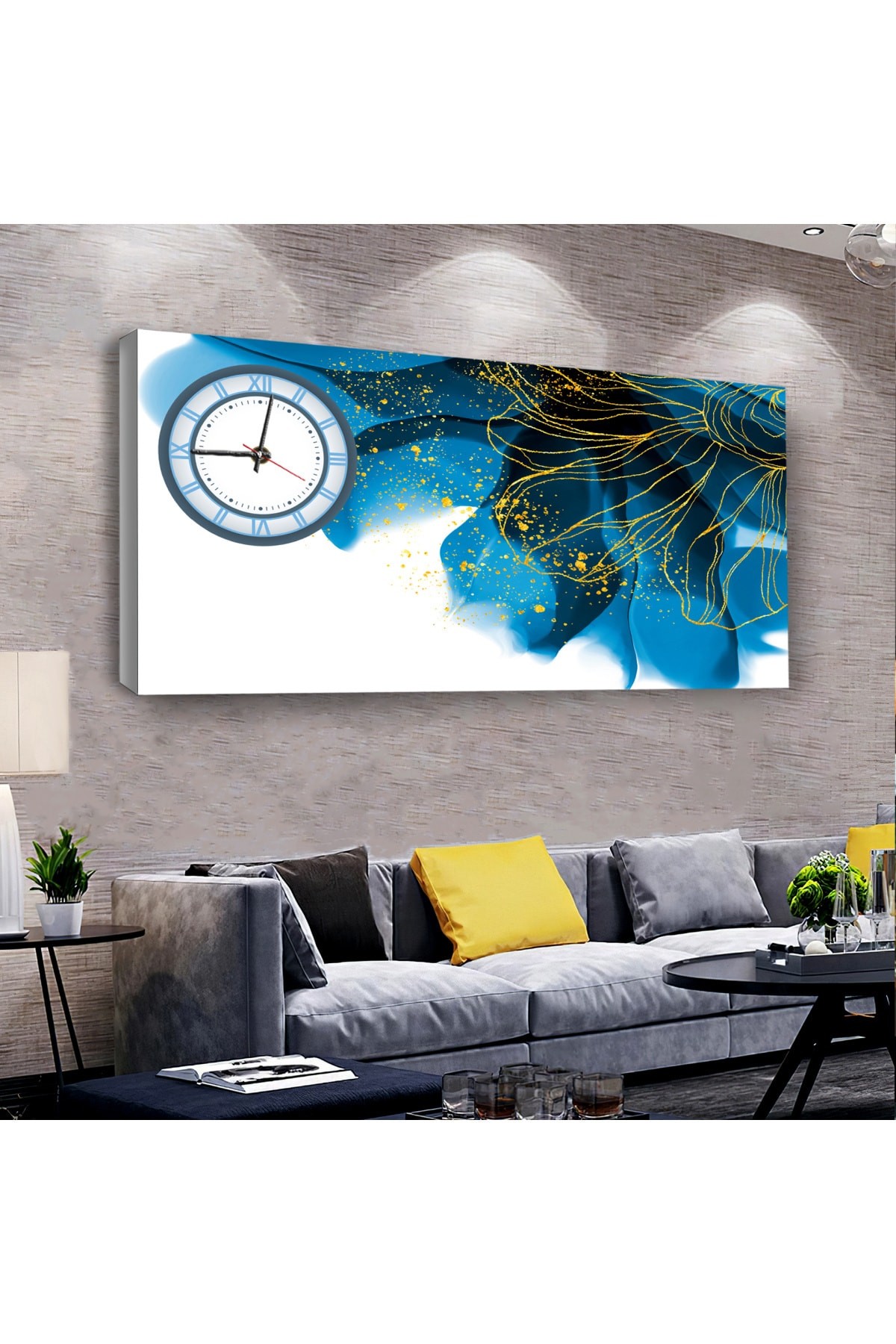 Mavi Renk saatliAhşap Şase Dijital Baskı Kanvas Tablo 100X50Cm