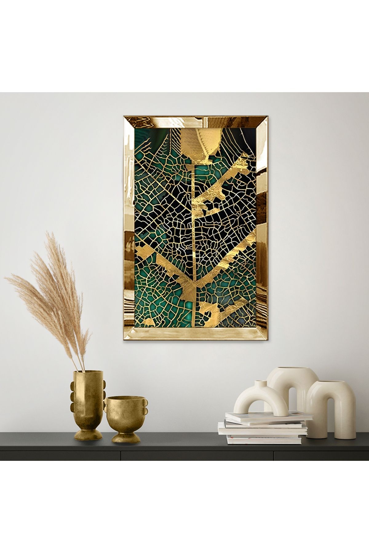 Gold Aynalı Pleksi Çerçeveli Altın Yaprak Desenli Soyut Çizim Mdf Tablo