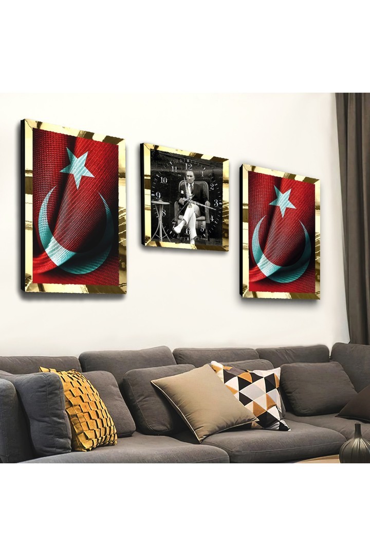 Türk Bayrağı Ve Atatürk Gold Pleksili Saat Ve Solmaz MDF Tablo