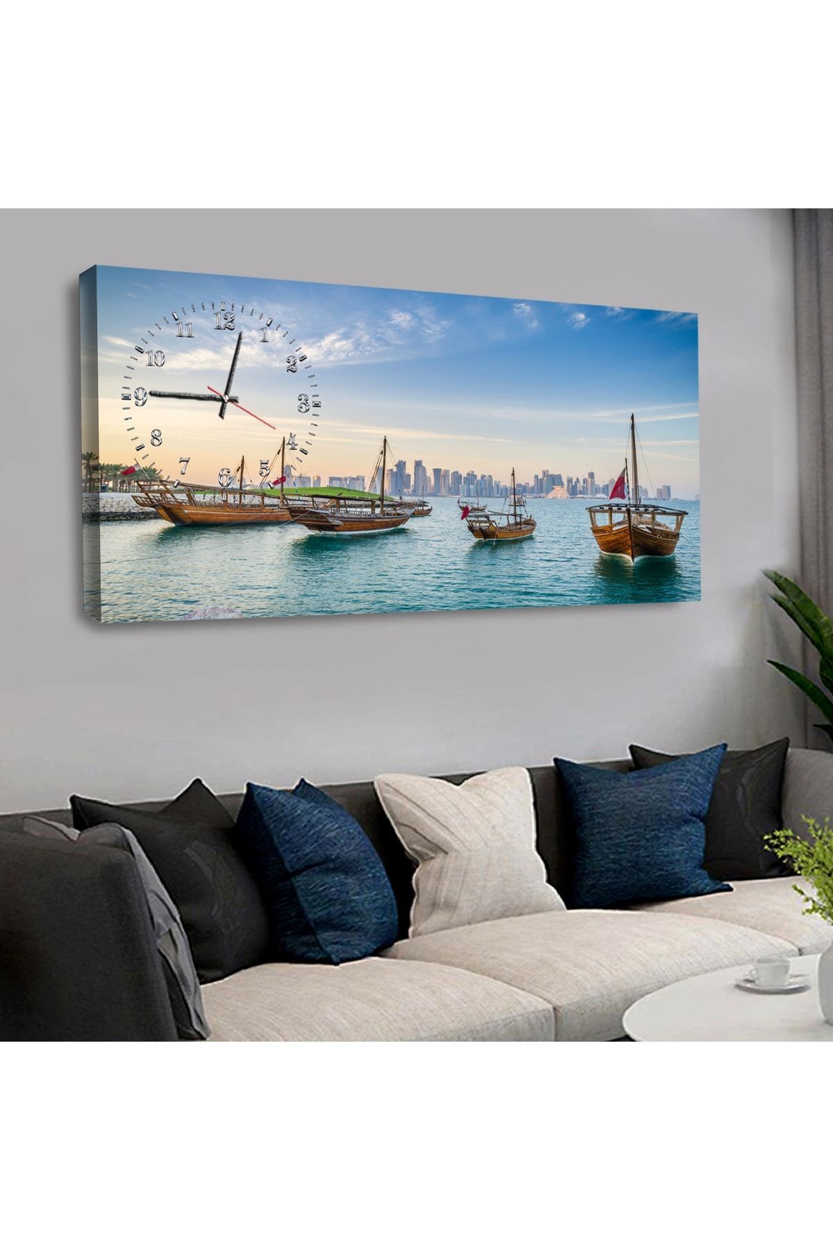120 X 60 Saatli Kanvas Ağaç Gemi Tablo