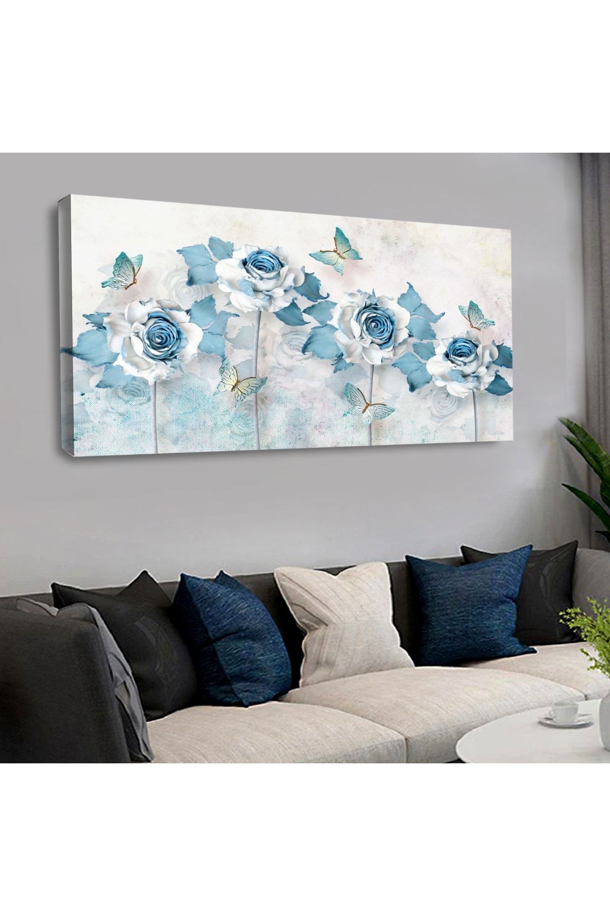 120 X 60 Saatli Kanvas Beyaz Çiçek Tablo