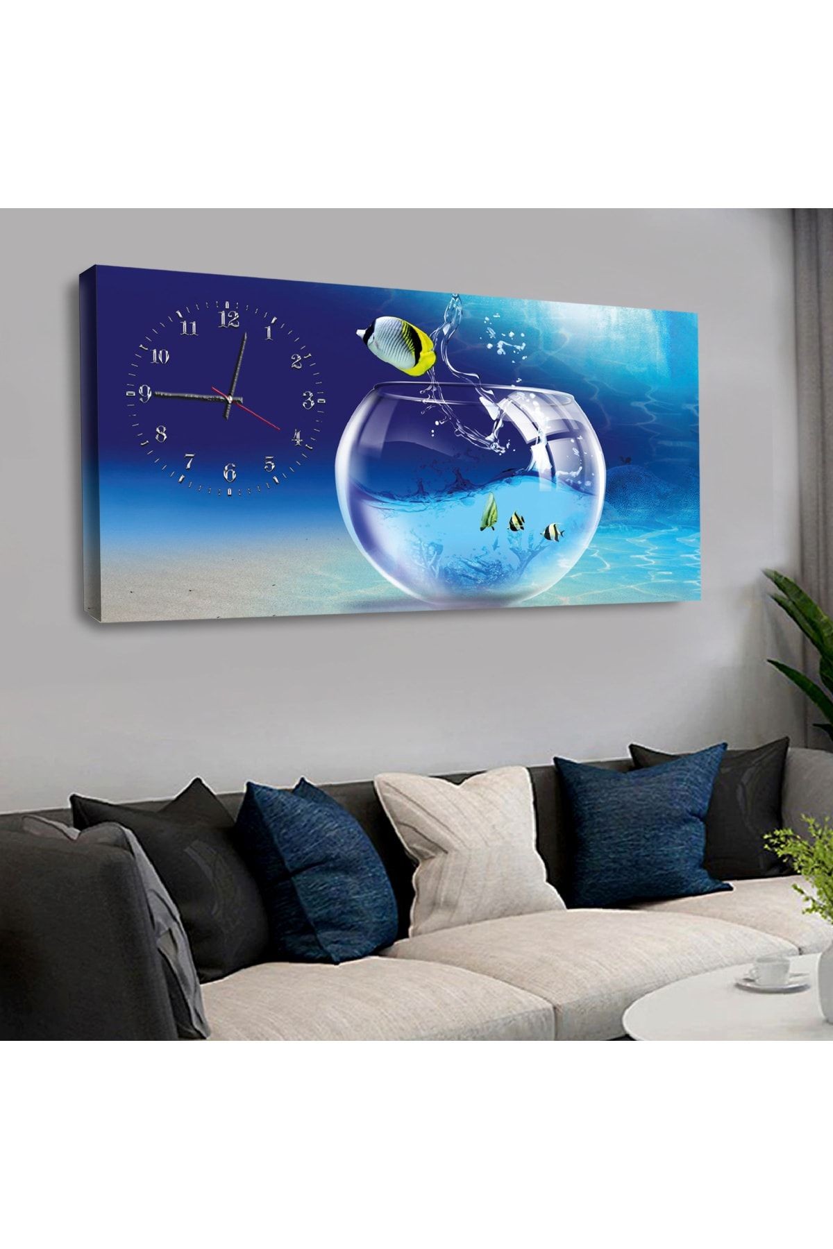 120x60 Saatli Balık Kanvas Tablo